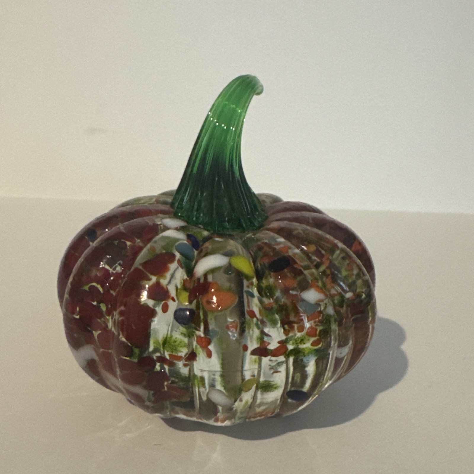 Blenko Pumpkin Paperweight Mini Multicolor Frit In Crystal Glass Applied Stem