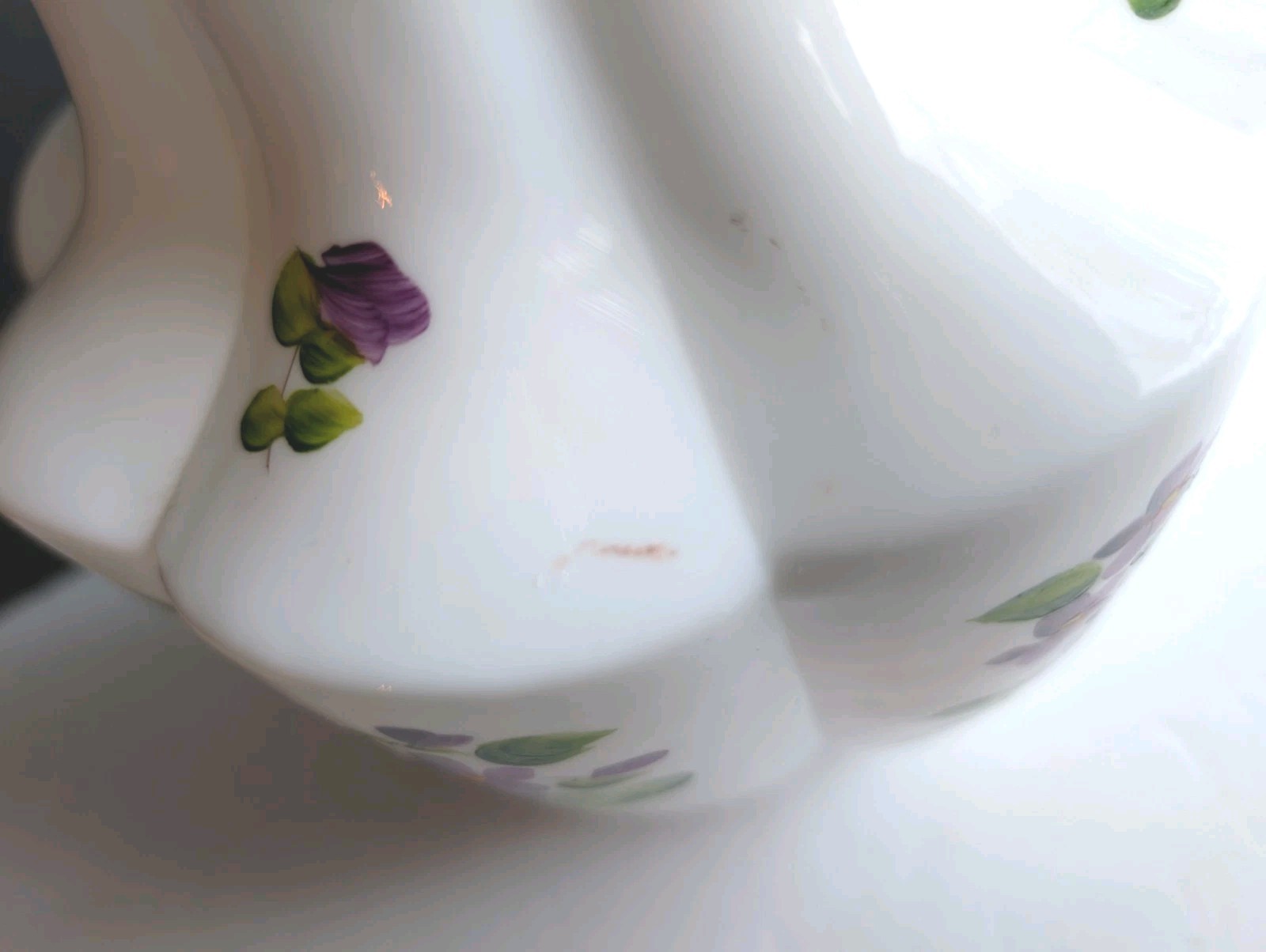Fenton Silvercrest Hand Painted Violets in the Snow Ruffled Large VaseMilk Glass