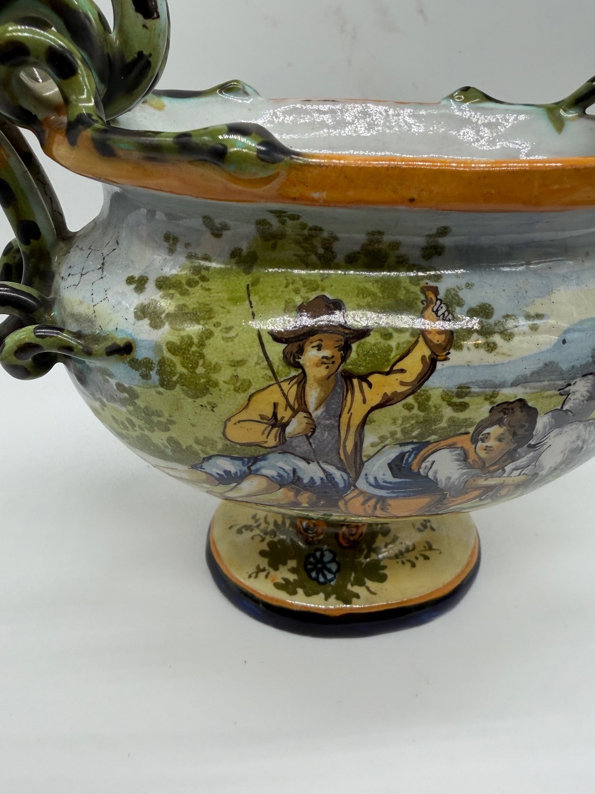 Italian Possibly Vintage Ceramic Vase w/ Shepherd Man & Woman w/ Snake Handles