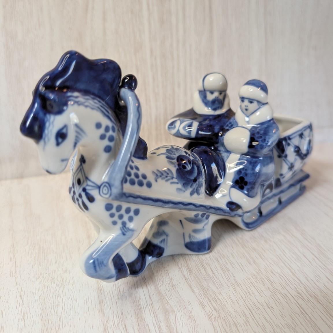 Gzhel Hand Painted Ceramic Horse and Sleigh Figurine Blue White Country Life