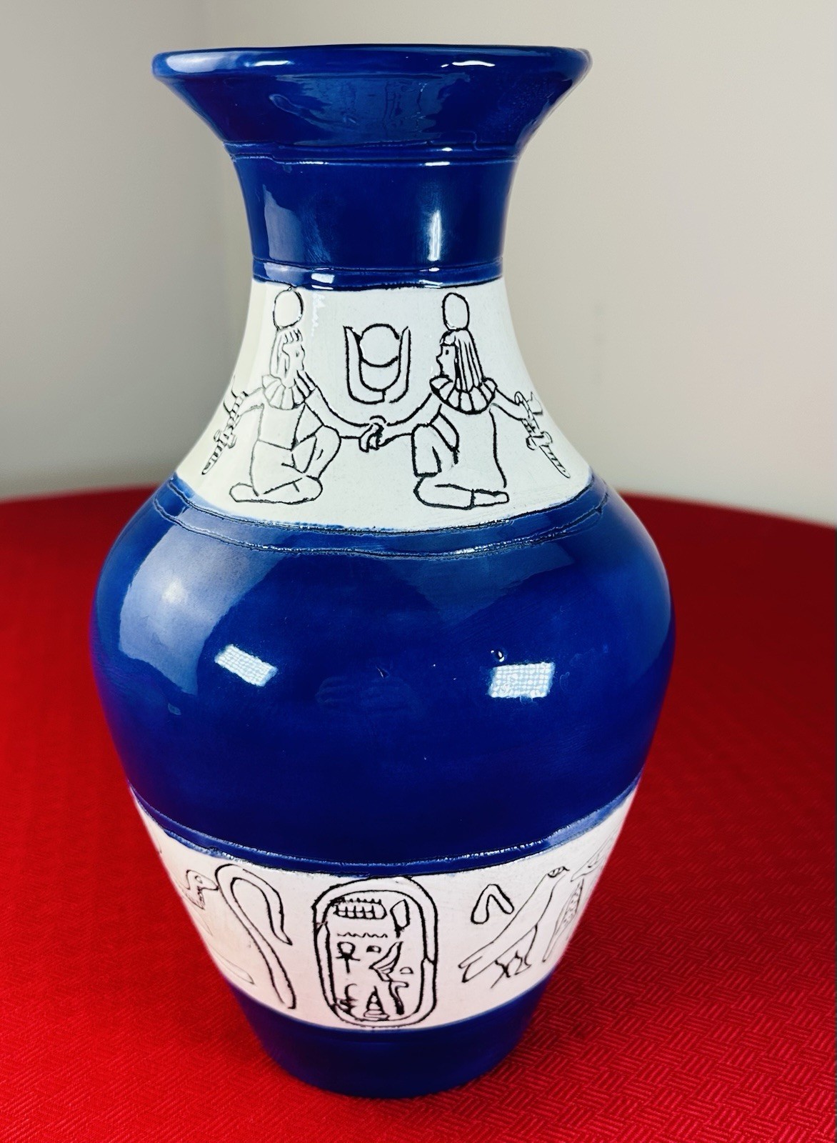 Vtg Egyptian Revival Blue Ceramic Vase Hand-Painted Hieroglyphs 10” BUR 4779