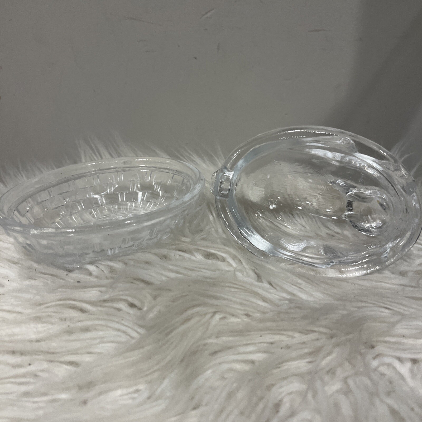 (2) Vintage Small Bunny Rabbits on Baskets – 1 Pink Glass & 1 Clear Glass 4.5”