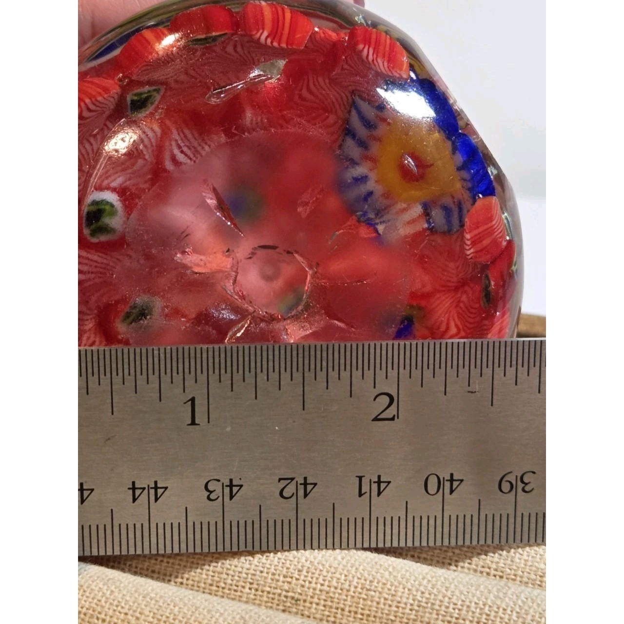 Vintage Red Millefiori Style Art Glass Peacock Paperweight
