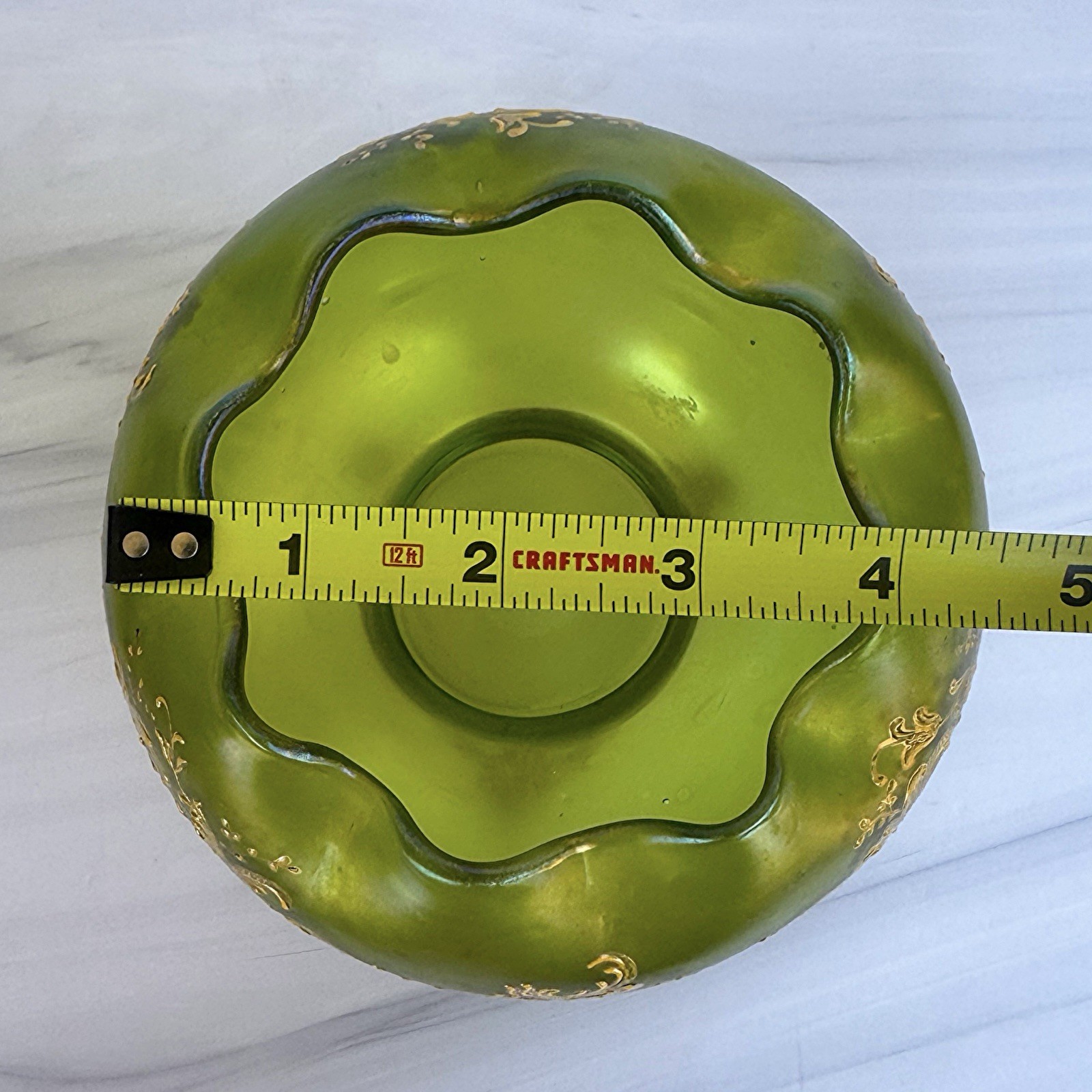 Antique Bohemian Moser Style Green Iridescent Art Glass Rose Bowl Gold Enamel