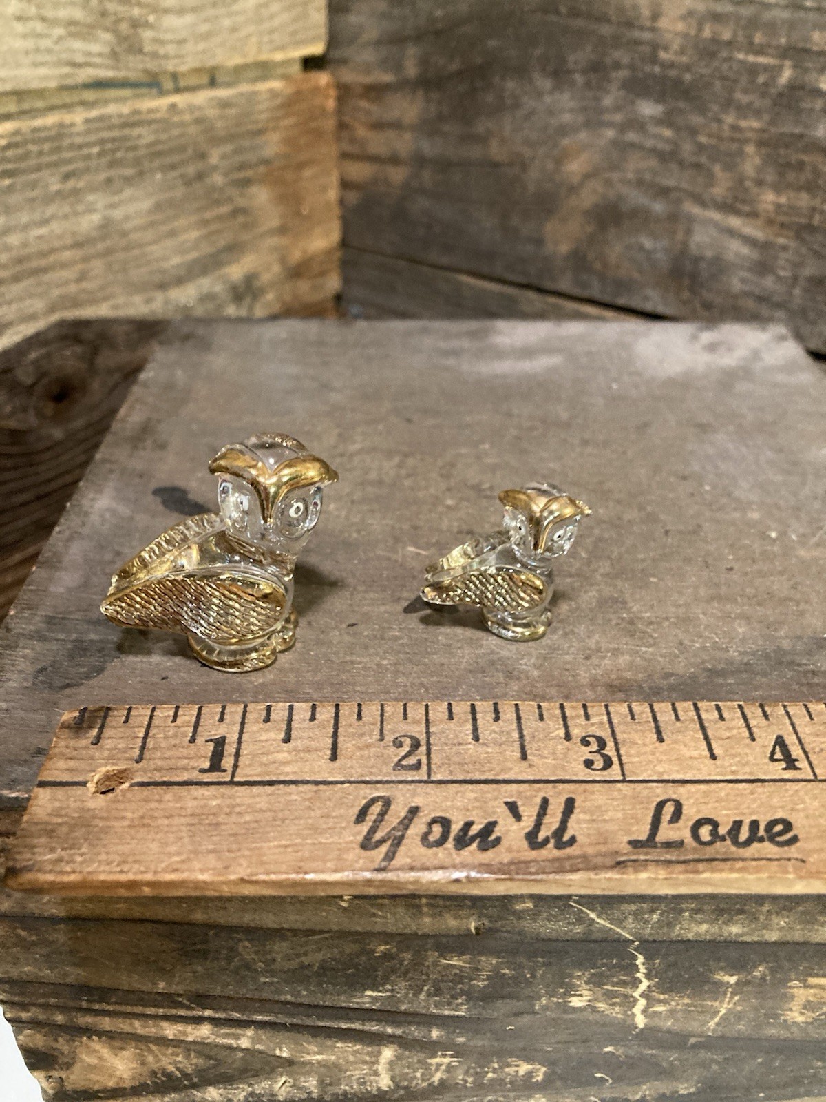 Art Glass & Gold Owls Hand Blown Set Of 2