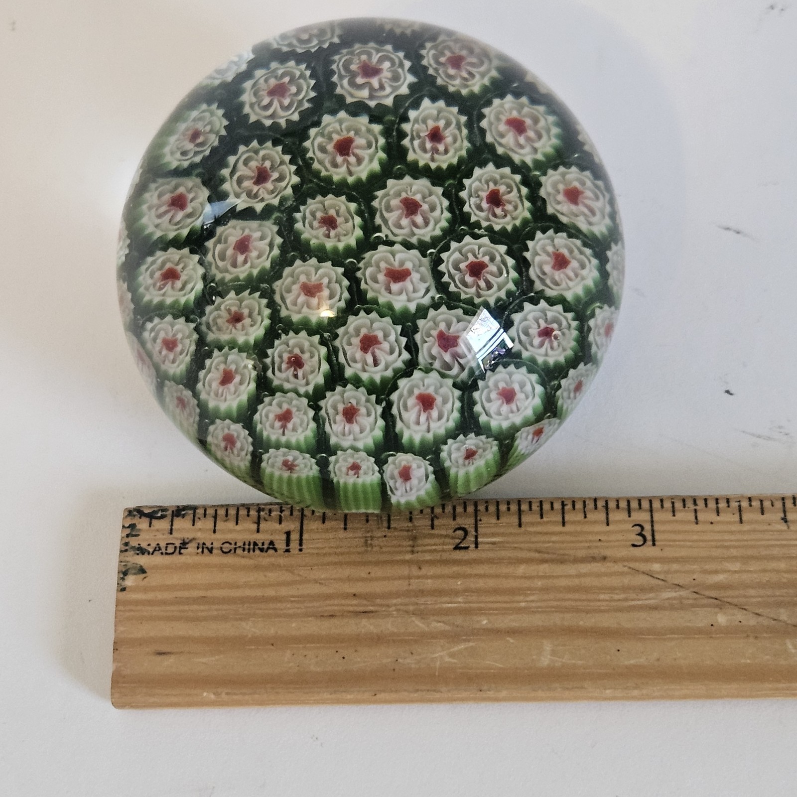 2 VTG Art Glass Paperweights – Blue & White Flower – Millefiori Silvestri Green