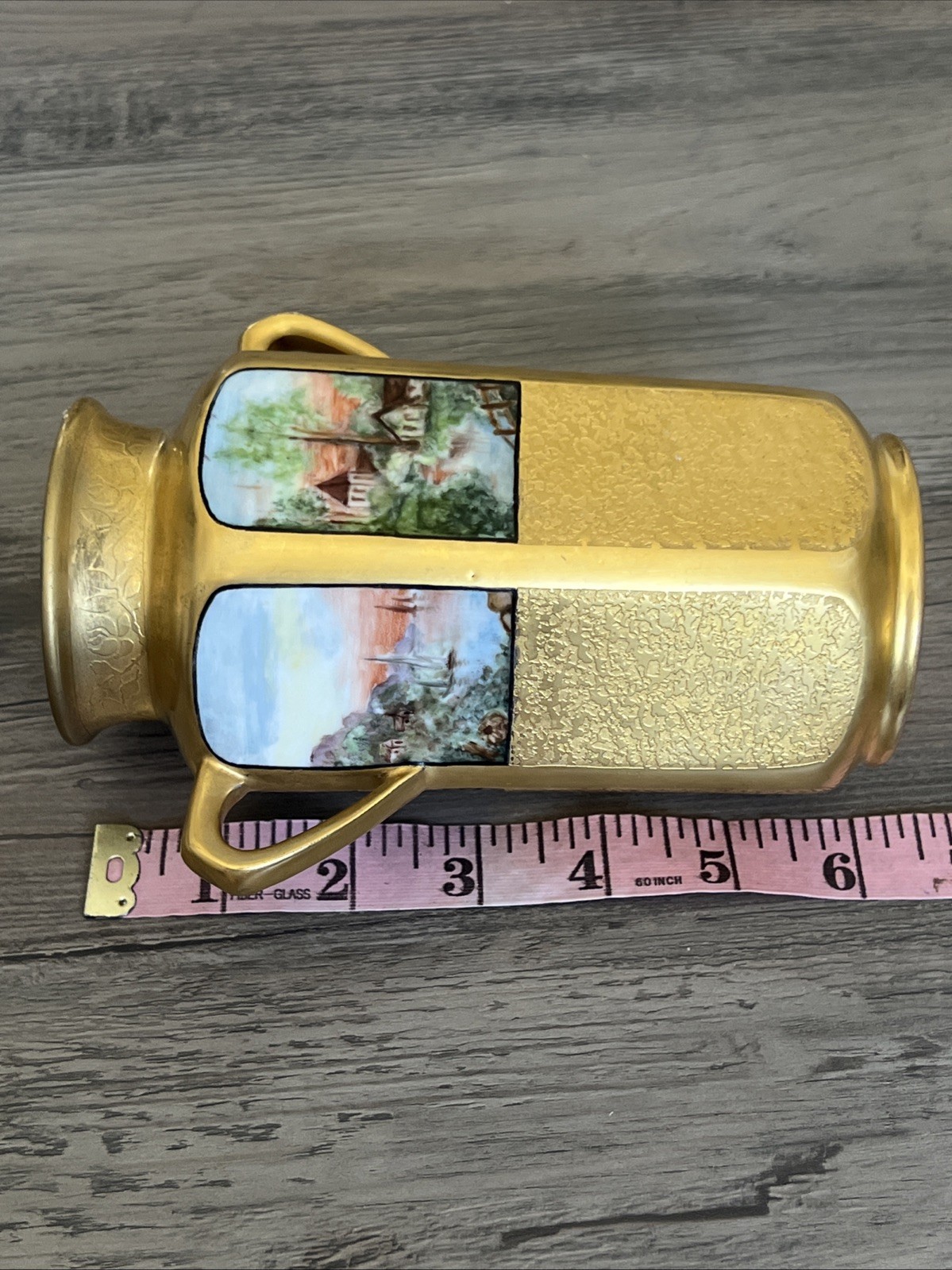 Vtg Gold Encrusted Double Handled 6” Vase Hand painted Landscape Design