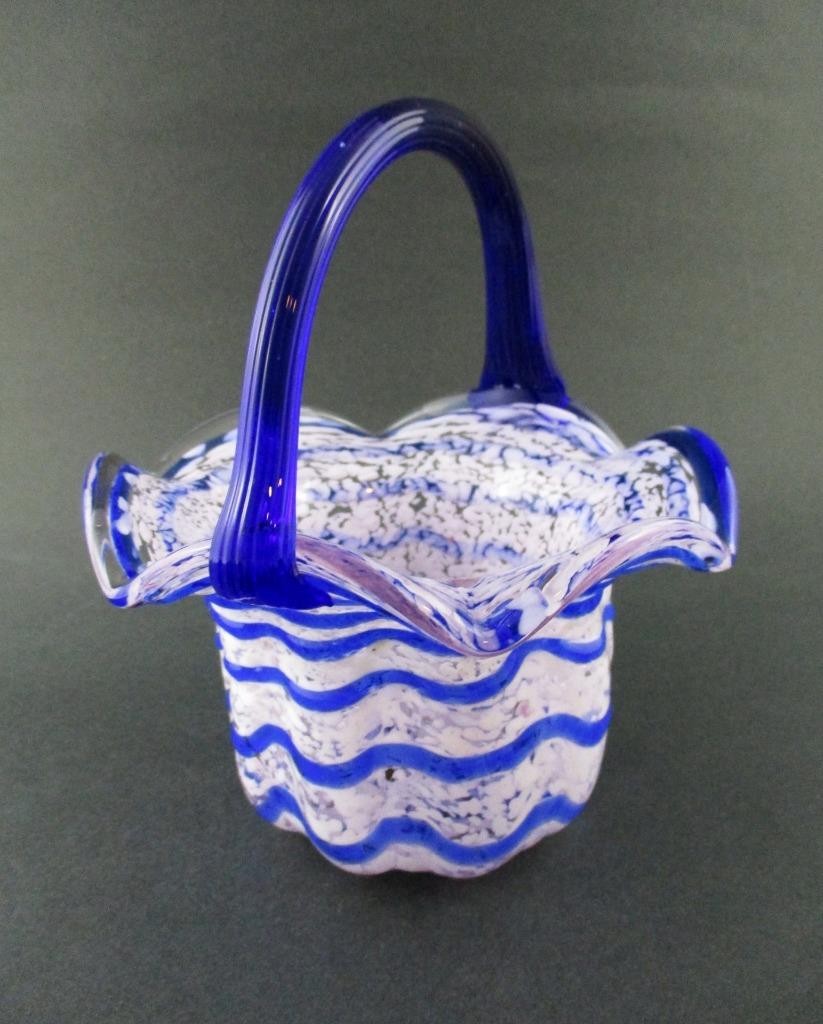Easter BASKET – Wavy COBALT blue SPIRAL White Opalescent SPATTER Art glass