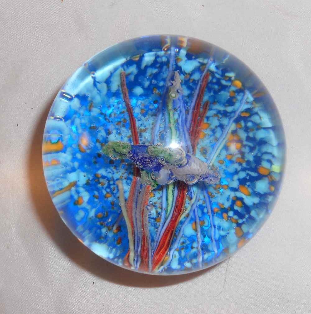 Vintage Art Glass Round Paperweight Fish Swimming In Blue Ocean Unmarked