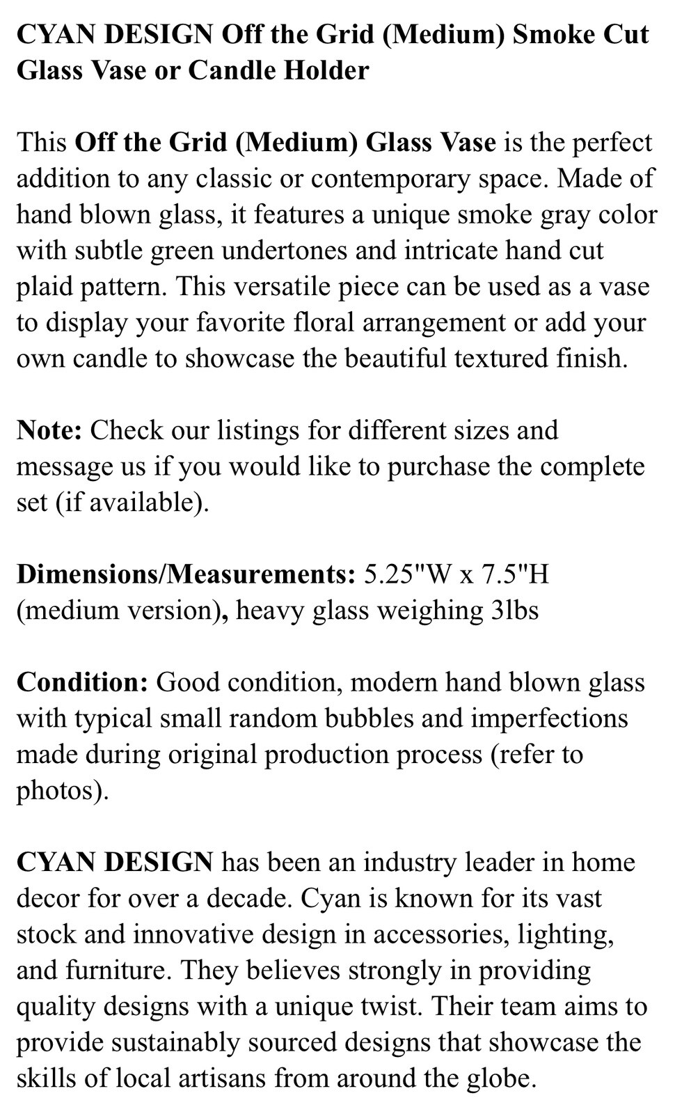 CYAN DESIGN Off the Grid (Medium) Smoke Cut Glass Vase or Candle Holder