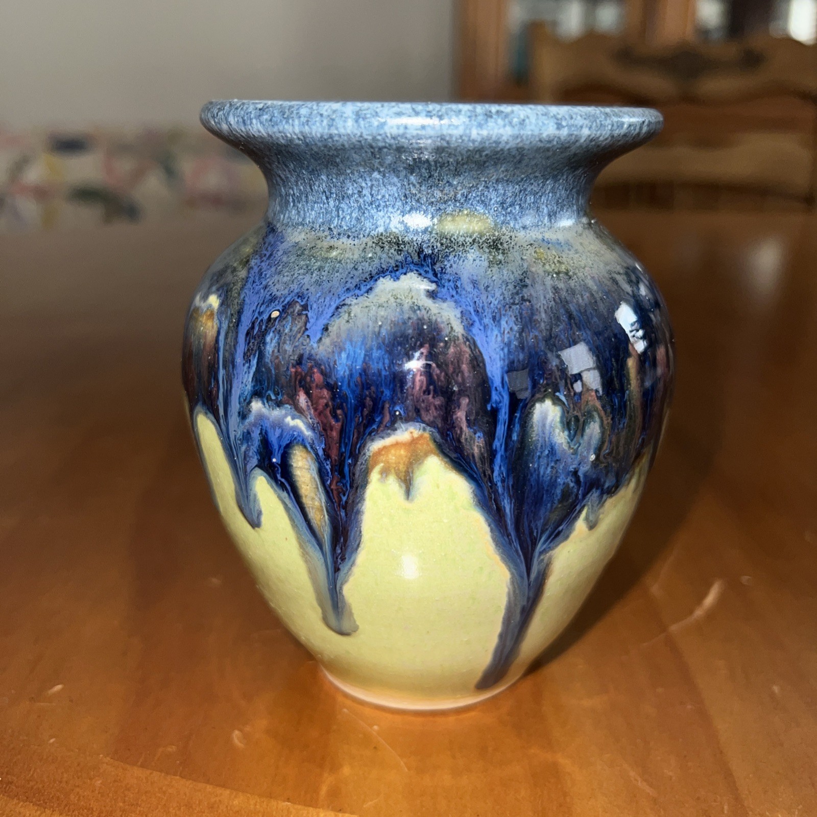 Art Pottery Vase Blue & Green Drip Glaze- 4.5 Inches High- w/ Initial