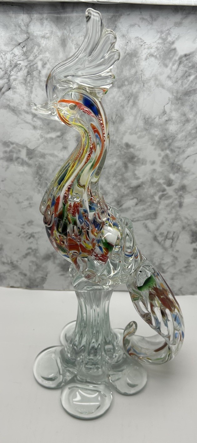 Mid Century Murano Style Art Glass Pheasant/Bird Figurine 15” Multi Colored