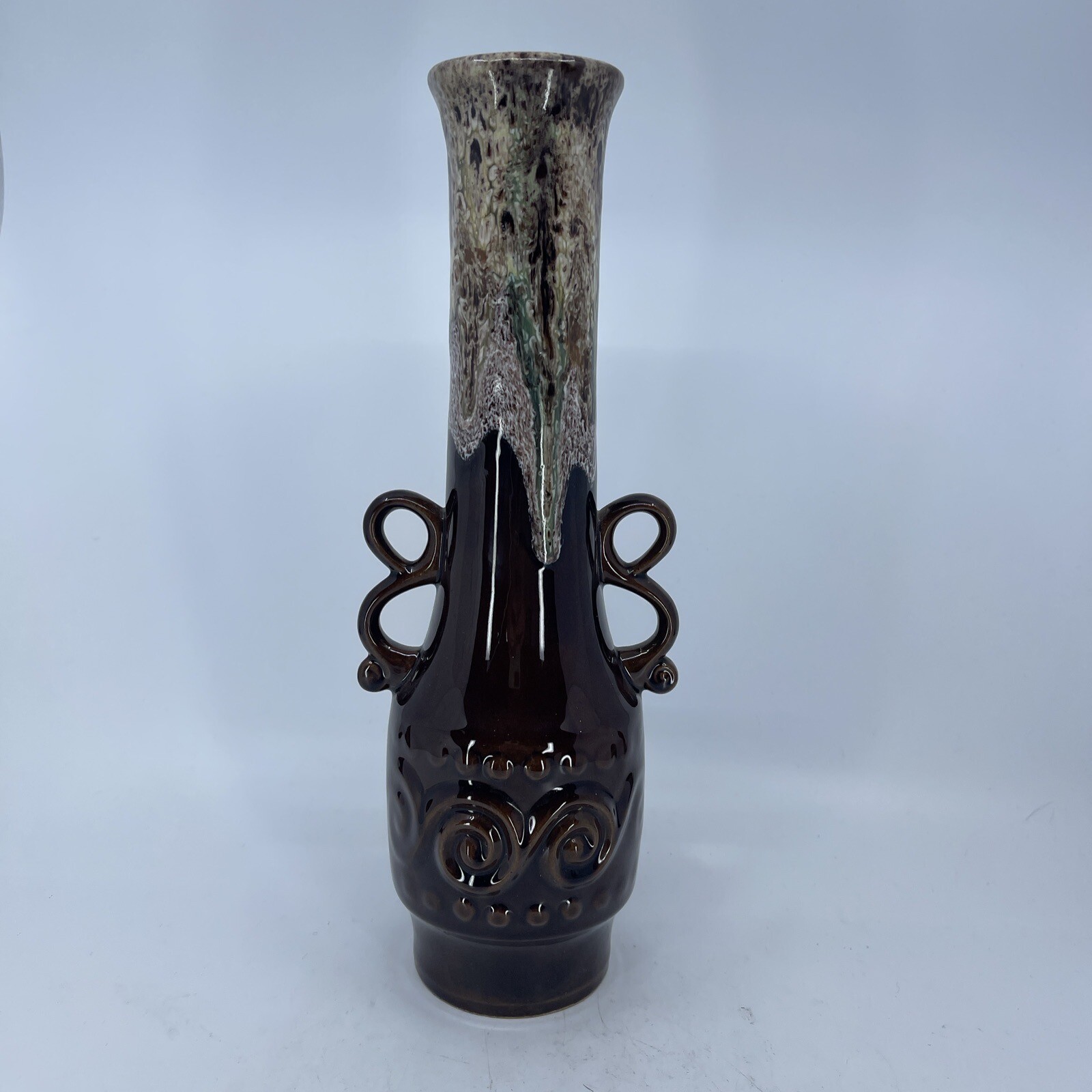 Vintage Retro MCM – Mid Century Brown Large Lava Drip Glaze Urn Jug Vase 33cm