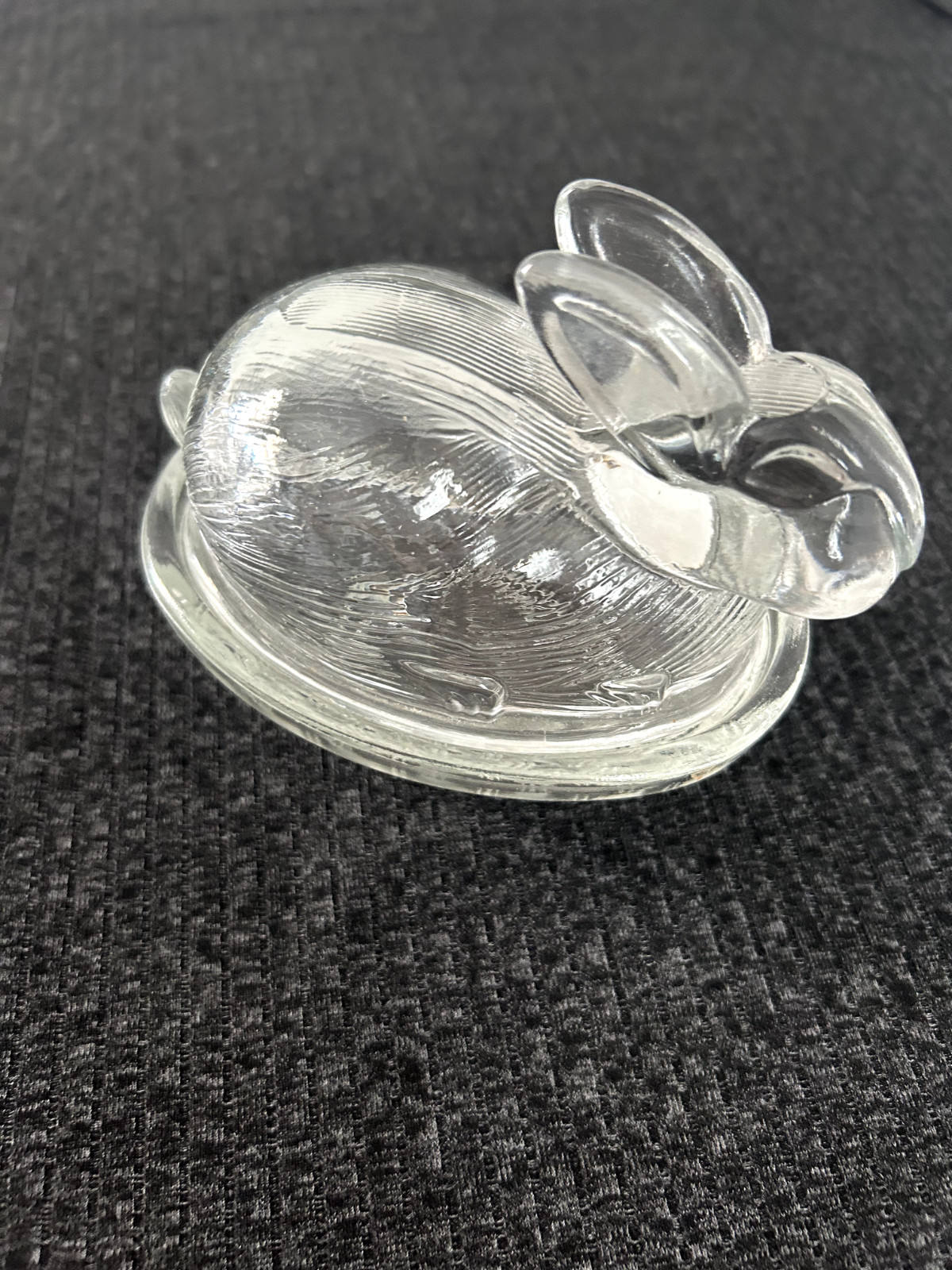 Small Clear Glass Rabbit on a Nest Covered Candy Trinket Dish 4″ Tall Vintage