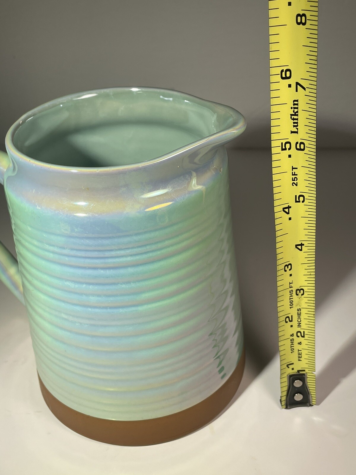 Teleflora Ceramic Milk Jug Pitcher Server Vase 6.25″ Green/Blue Iridescent