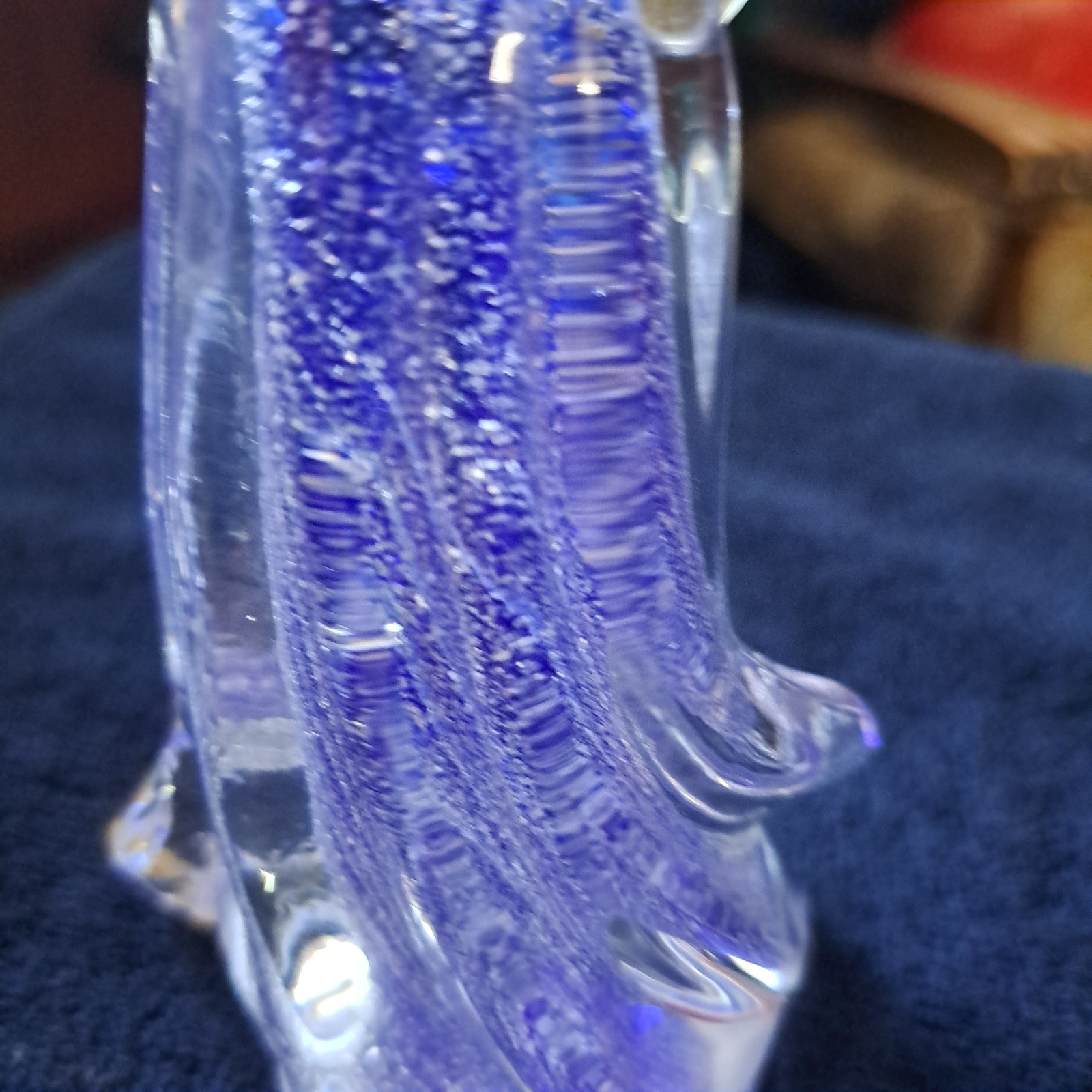 VINTAGE Glass Angel Halo Praying Blue w/ SILVER Flecks Polished Bottom 7.75″Tall