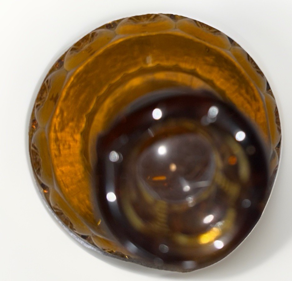 VTG L. E. Smith Moon & Stars Amber Glass Candlesticks 5″. + Crust & Stopper