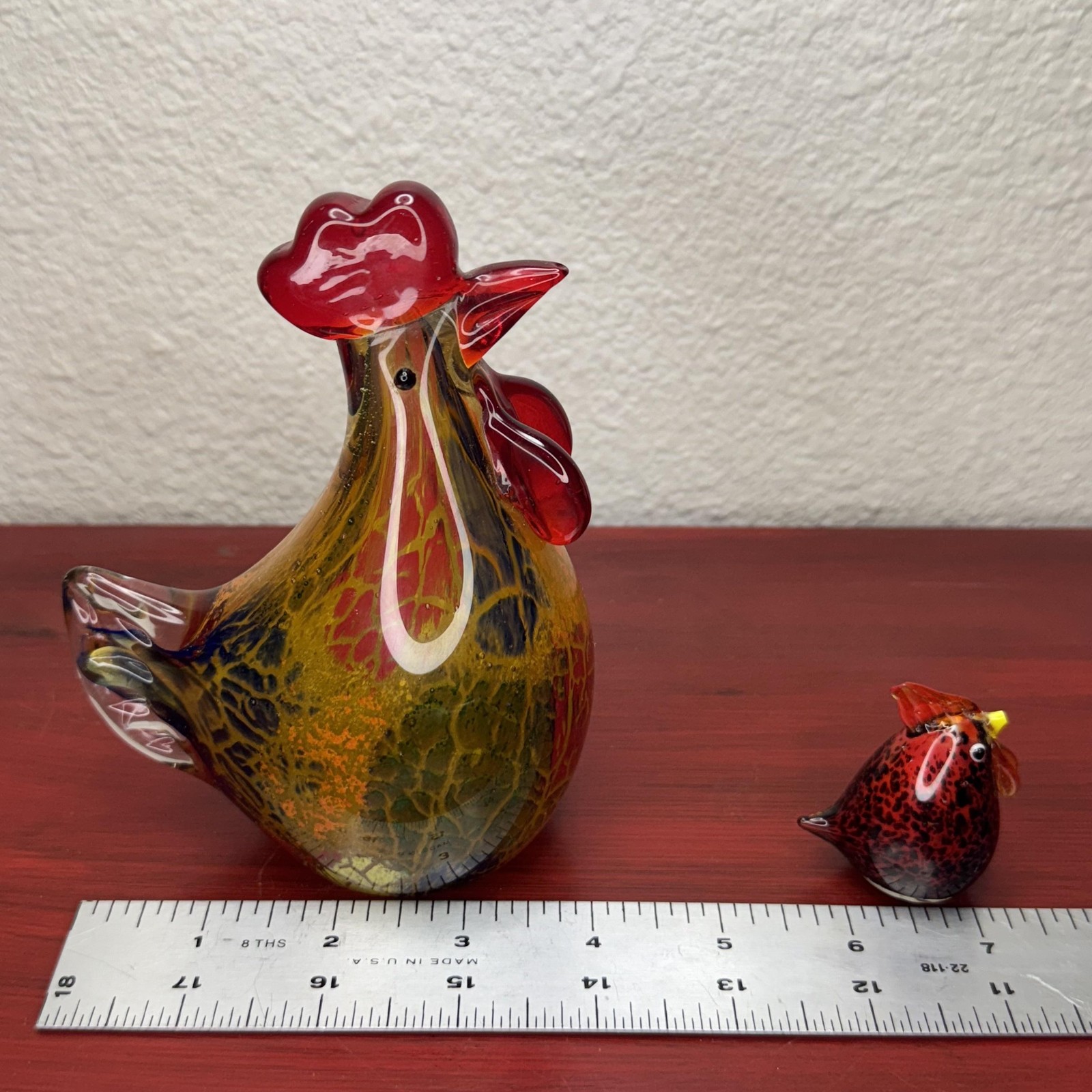 Art Glass Rooster Figurine with Chick Hand Blown Multicolor Murano Style Decor