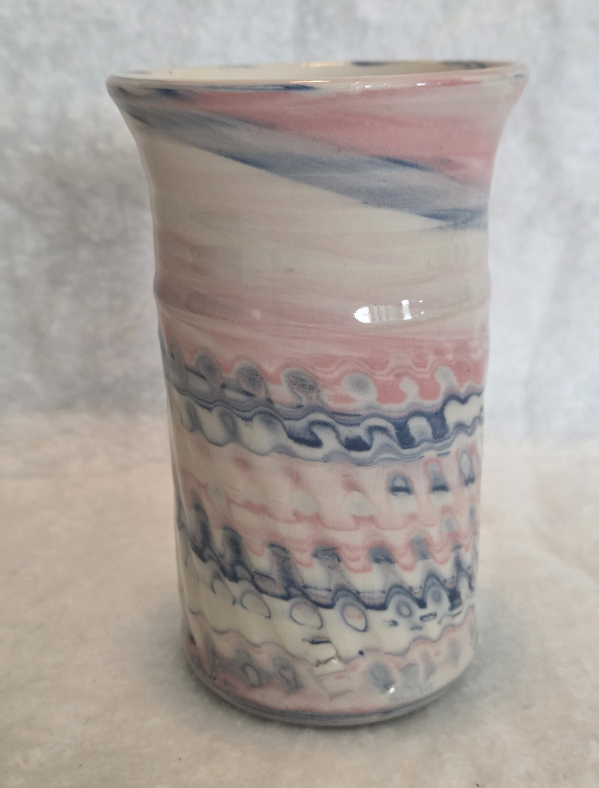 Hand Painted Signed Ceramic Art Pottery Vase Abstract Pink Blue White Glossy