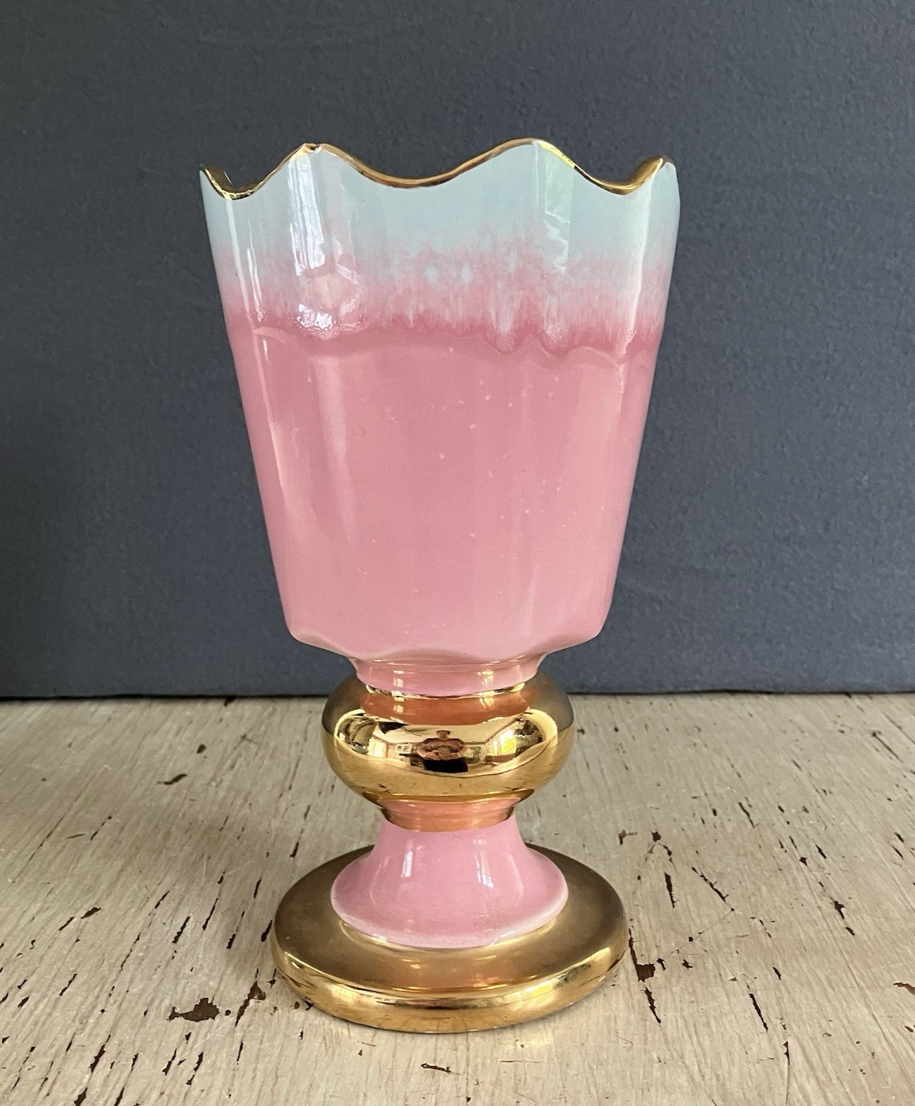 HULL Ceramic Pedestal Pink White 23K Gold Vase Foam Drip Glaze USA Marked 57