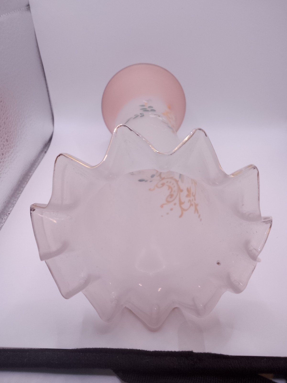 Frosted ombré Glass Vase Raised Gold/white/green Enamel blown glass Ruffled Rim