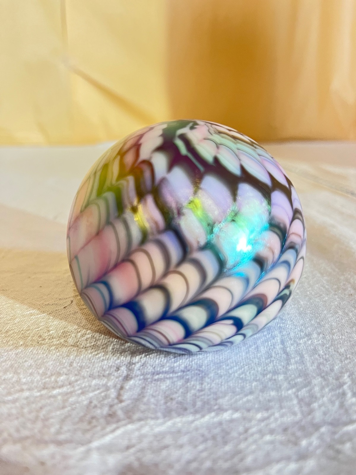 Charles Gibson Art Glass Iridized Snakeskin Paperweight-WV, USA-MCM Pastel Color