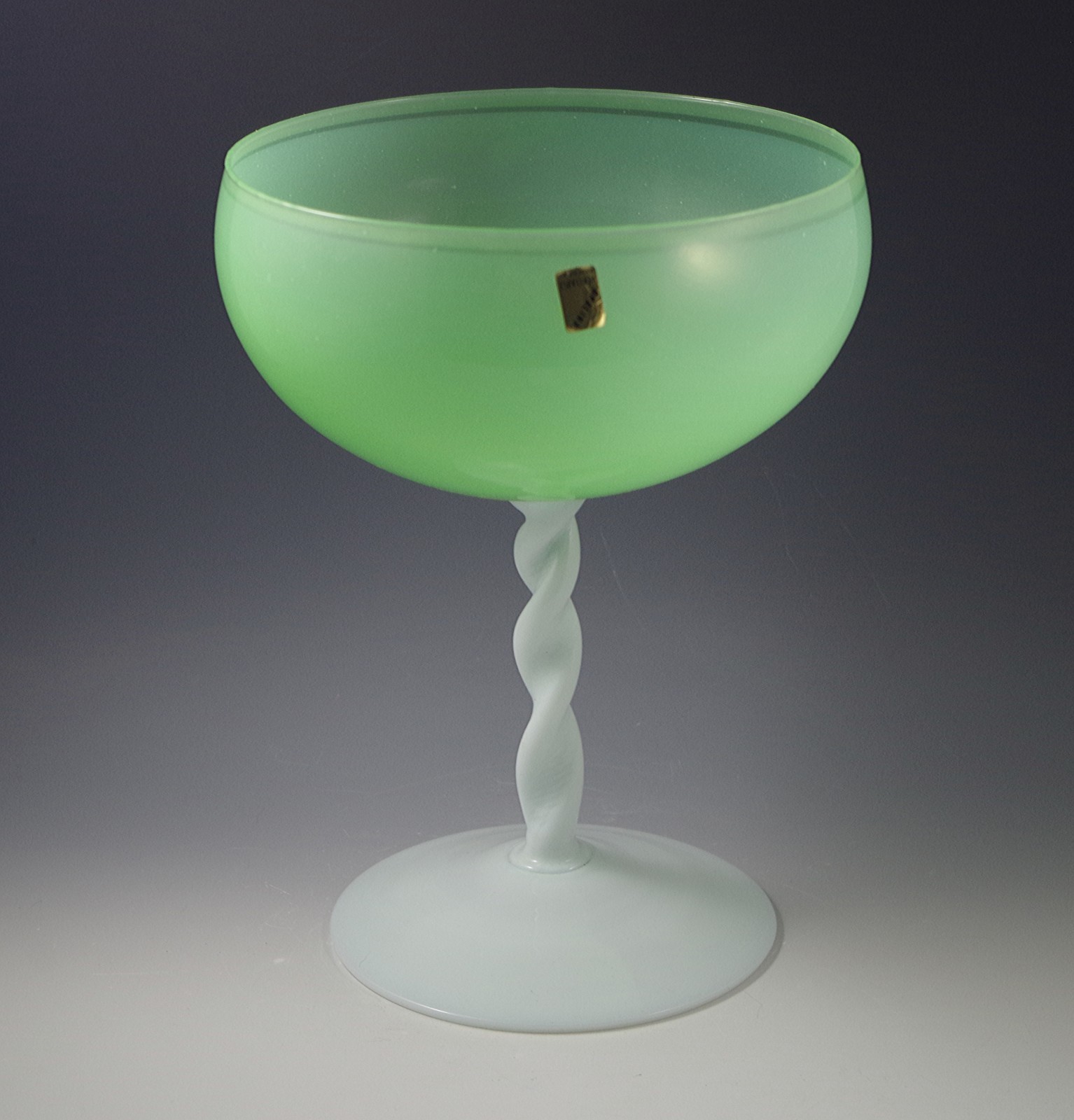 EMPOLI ITALY OPALINE GLASS JADEITE GREEN, JADE LARGE GOBLET, 11″ ORIG.LABEL