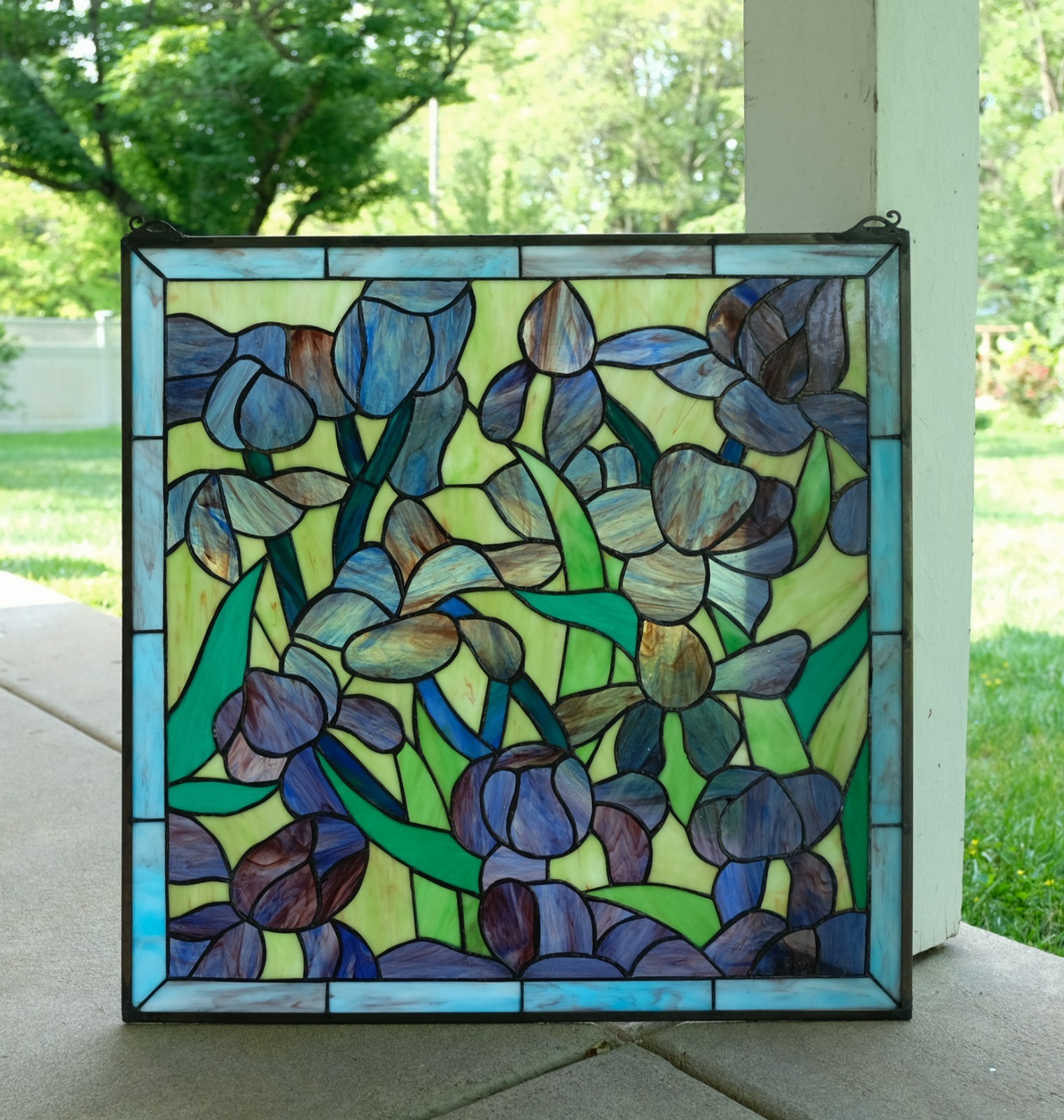 Tiffany Style stained glass window panel Iris Flowers, 24″ x 24″ HF575