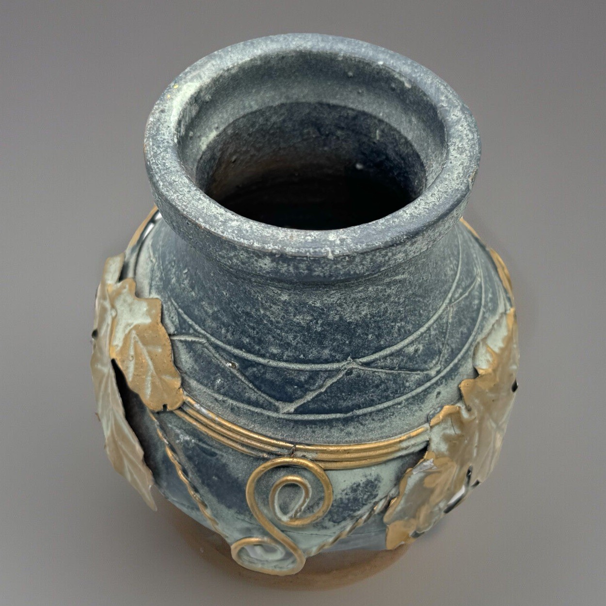 Rare/Vintage/Bluish Gray/ Pottery Vase with Copper Grape Accent/ 6” tall