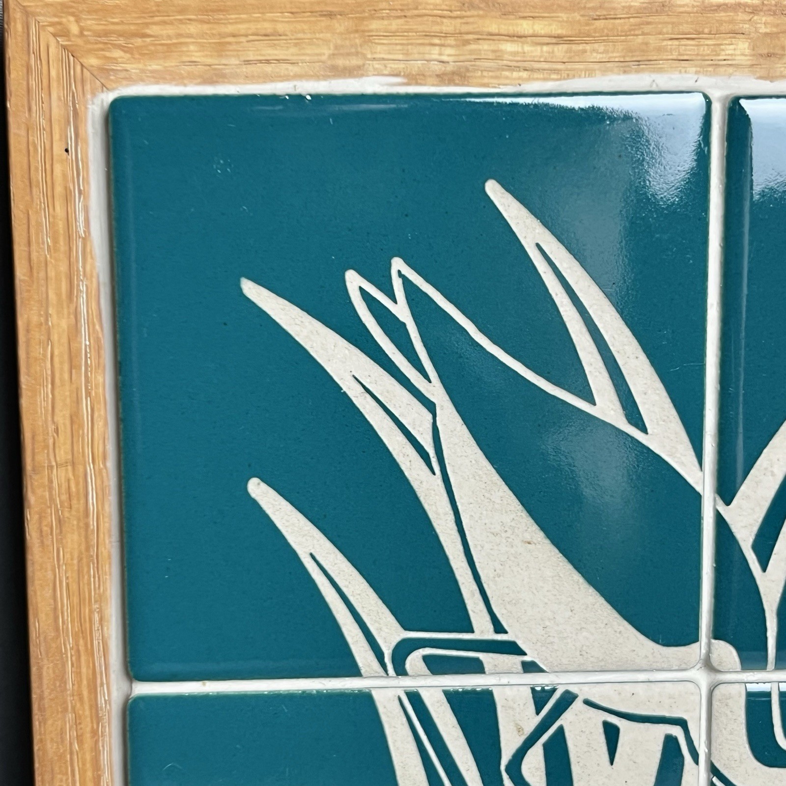 Glass Horizon Tile Artwork 1989 Waterfowl and Reeds Green Tile Wood Frame & Base