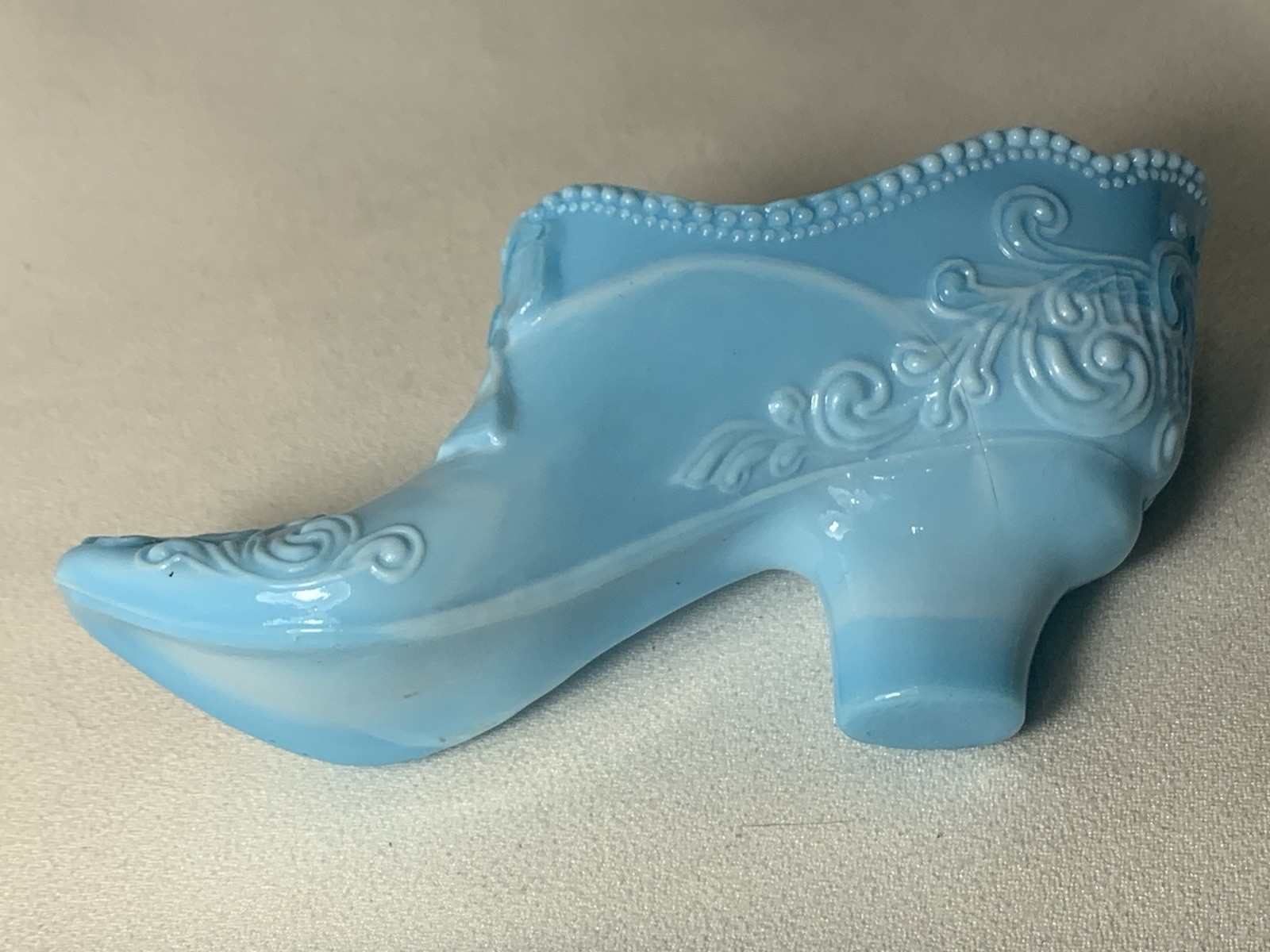 Vintage Mosser Light Blue Slag Glass Art High Heel Bow Slipper Shoe #87