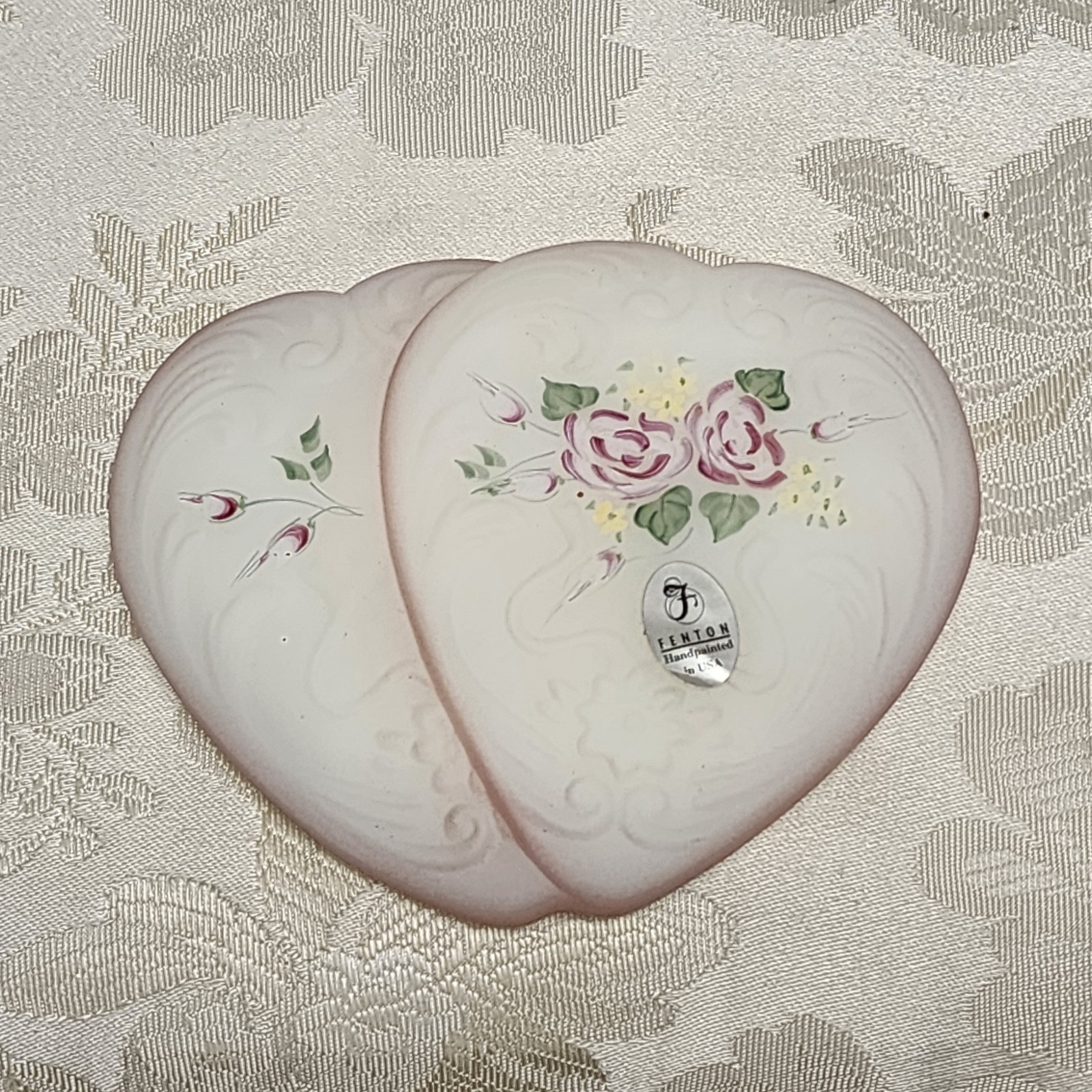 Vintage Fenton Heart Trinket Box Satin Double Heart Footed Hand Painted – Signed