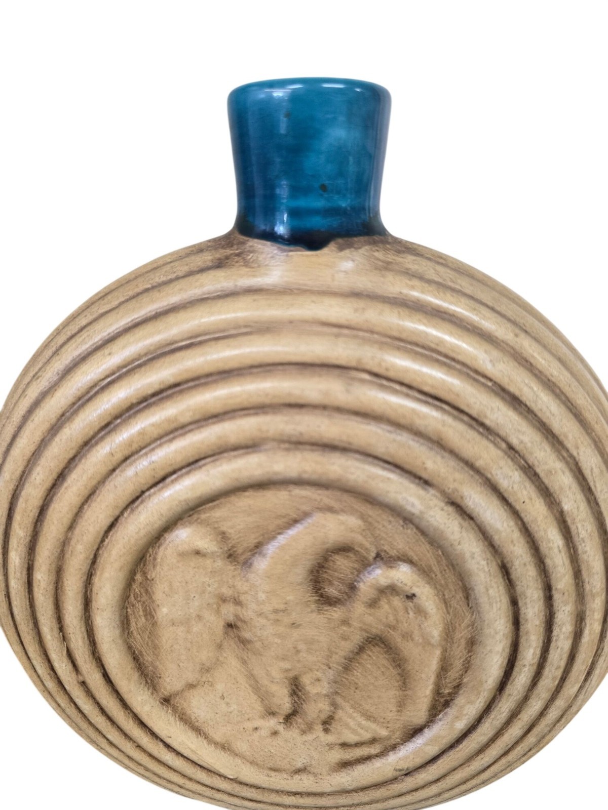 Round Ribbed Ceramic Vase Teal Blue Glaze Neck Eagle Beige Flask