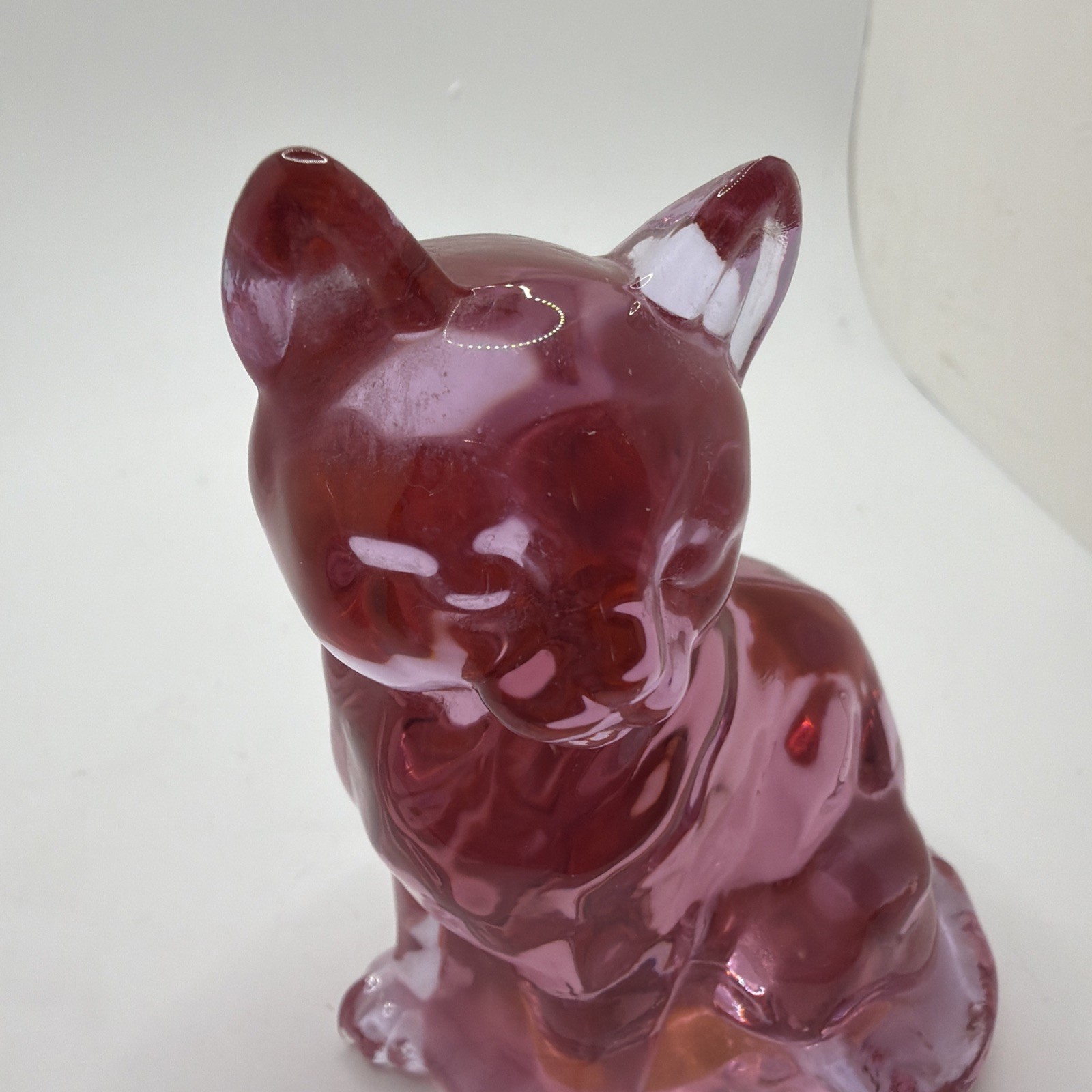 Vintage Collectable Fenton Glass Cat Kitten Sitting Light Cranberry Pink Stamped