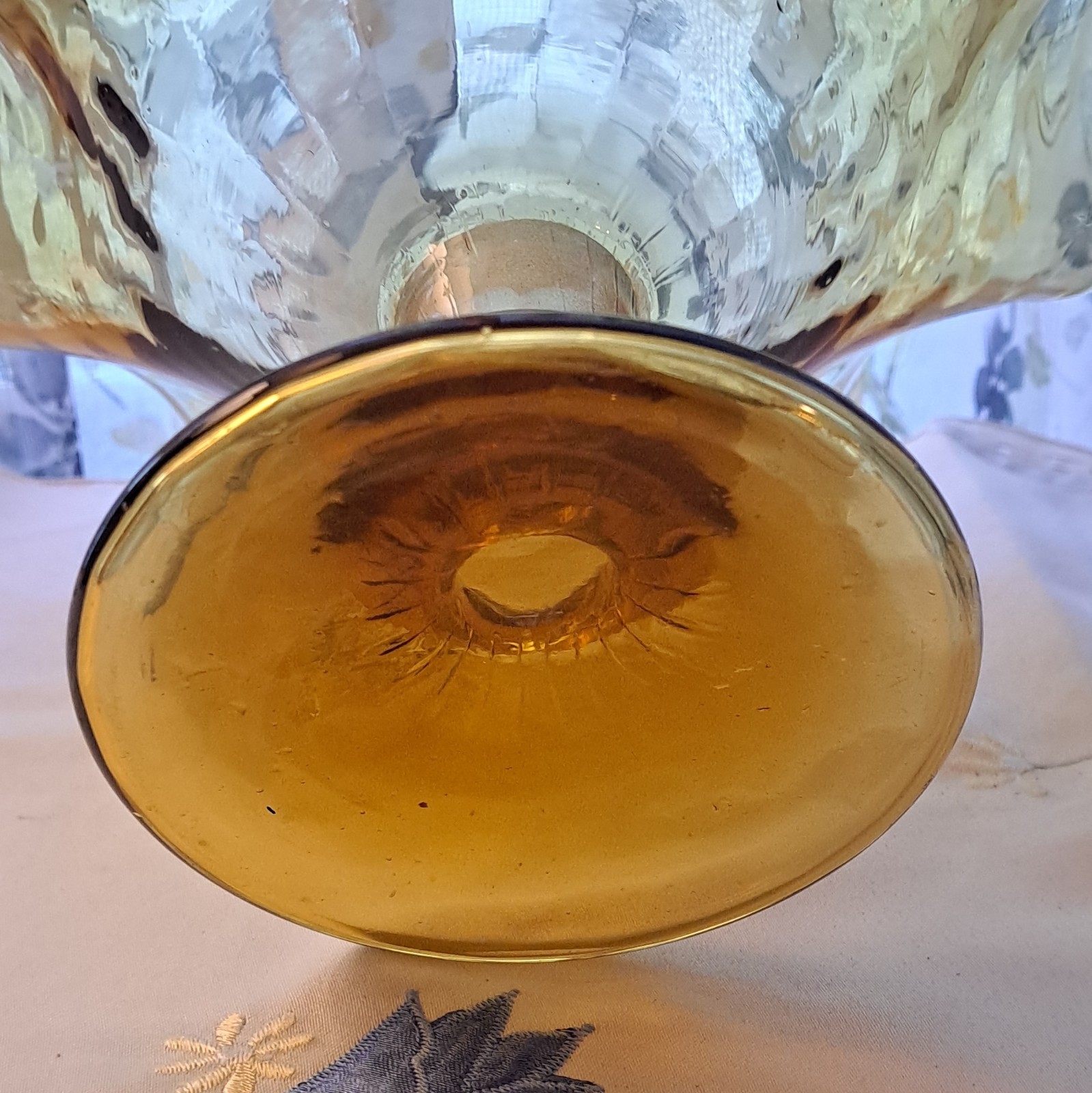 Amber Gold crystal Epergne Ruffled Trumpet Vase 15in Tall HandBlown Raindrop MCM