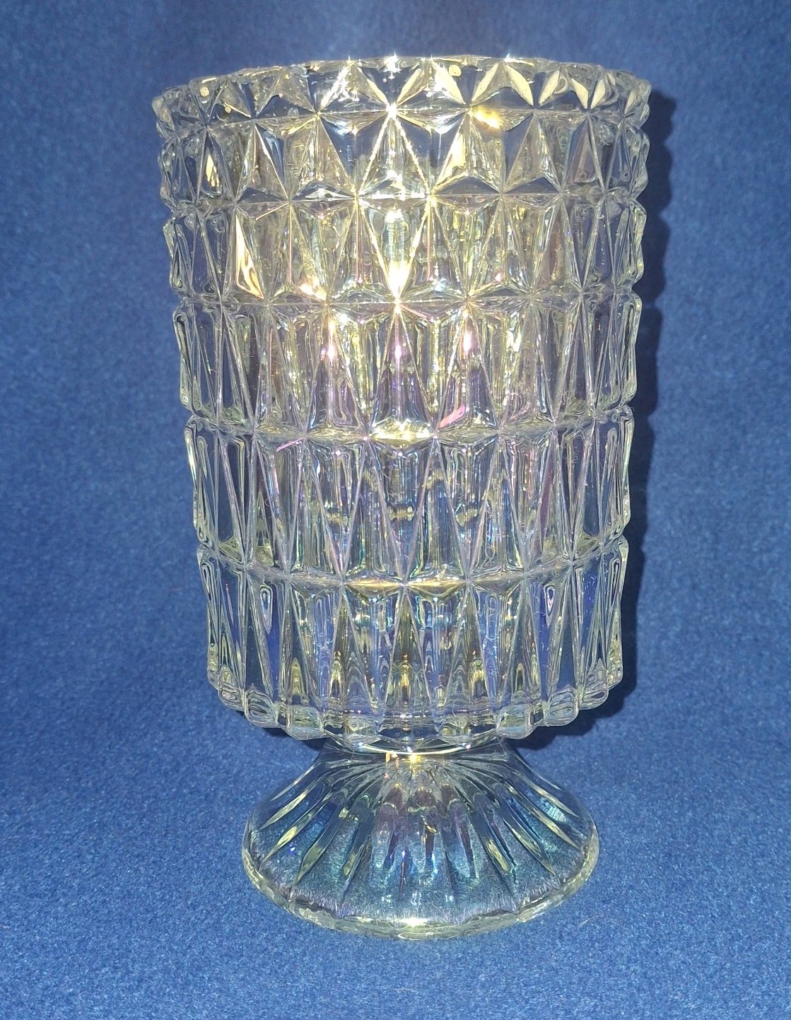 VTG Indiana Glass Diamond Point Iridescent Footed Vase 7.25” Heavy Pressed Glass