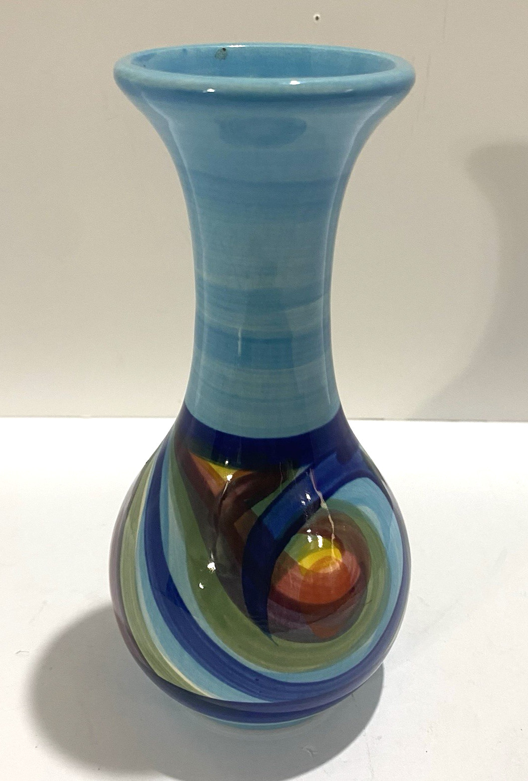 Gail Pittman Hand Painted Art Pottery Bud Vase Signed Multicolor Blue Swirl 6.5″