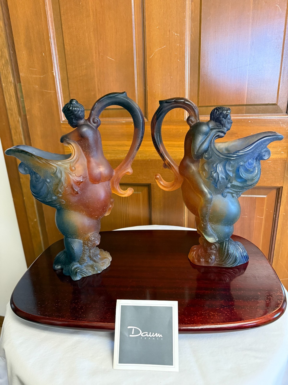 Daum Pate de Verre amber and blue frosted glass “Mythologie” pitcher Female/Male