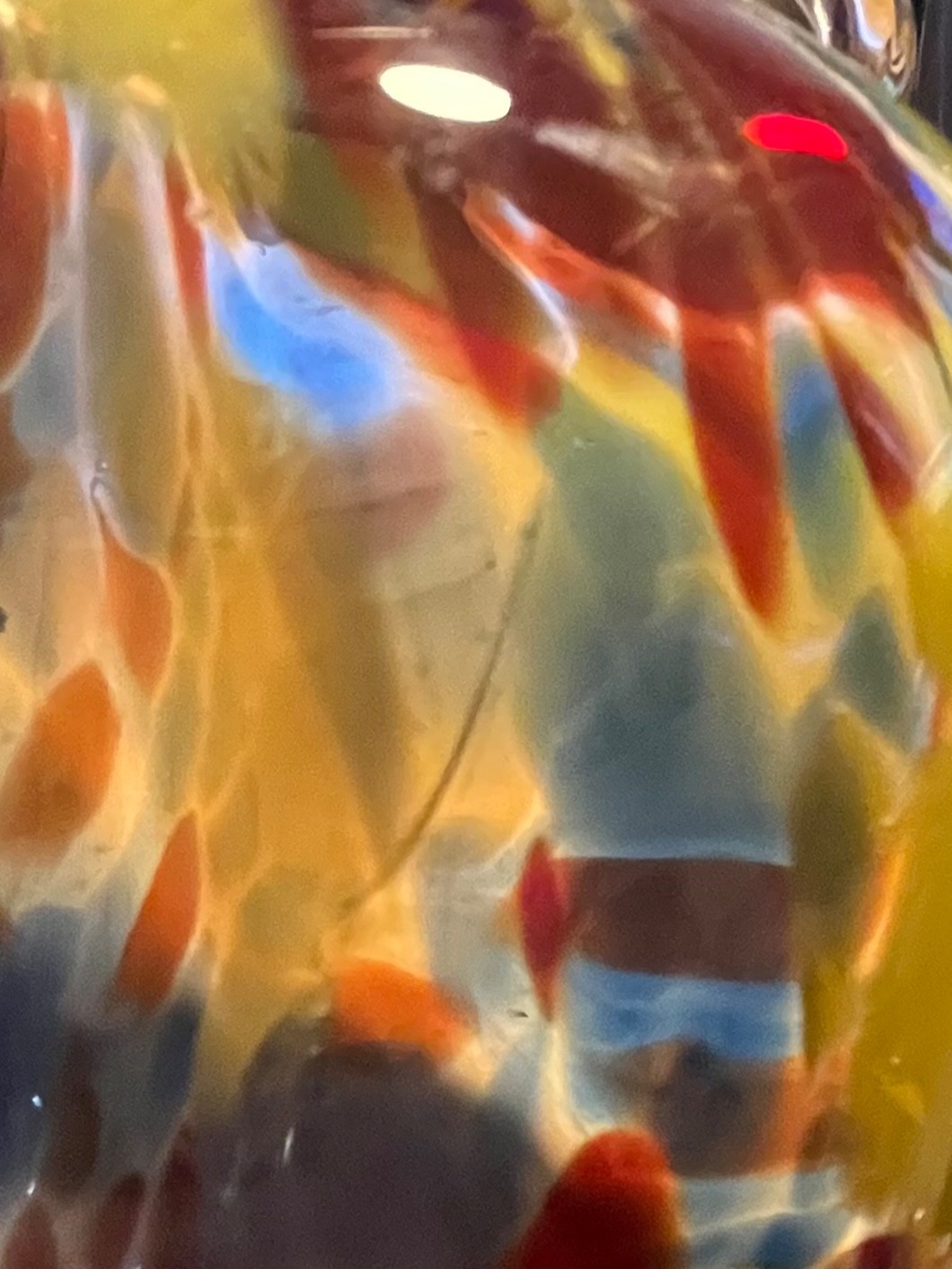 Art glass vase with handles yellow red blue green