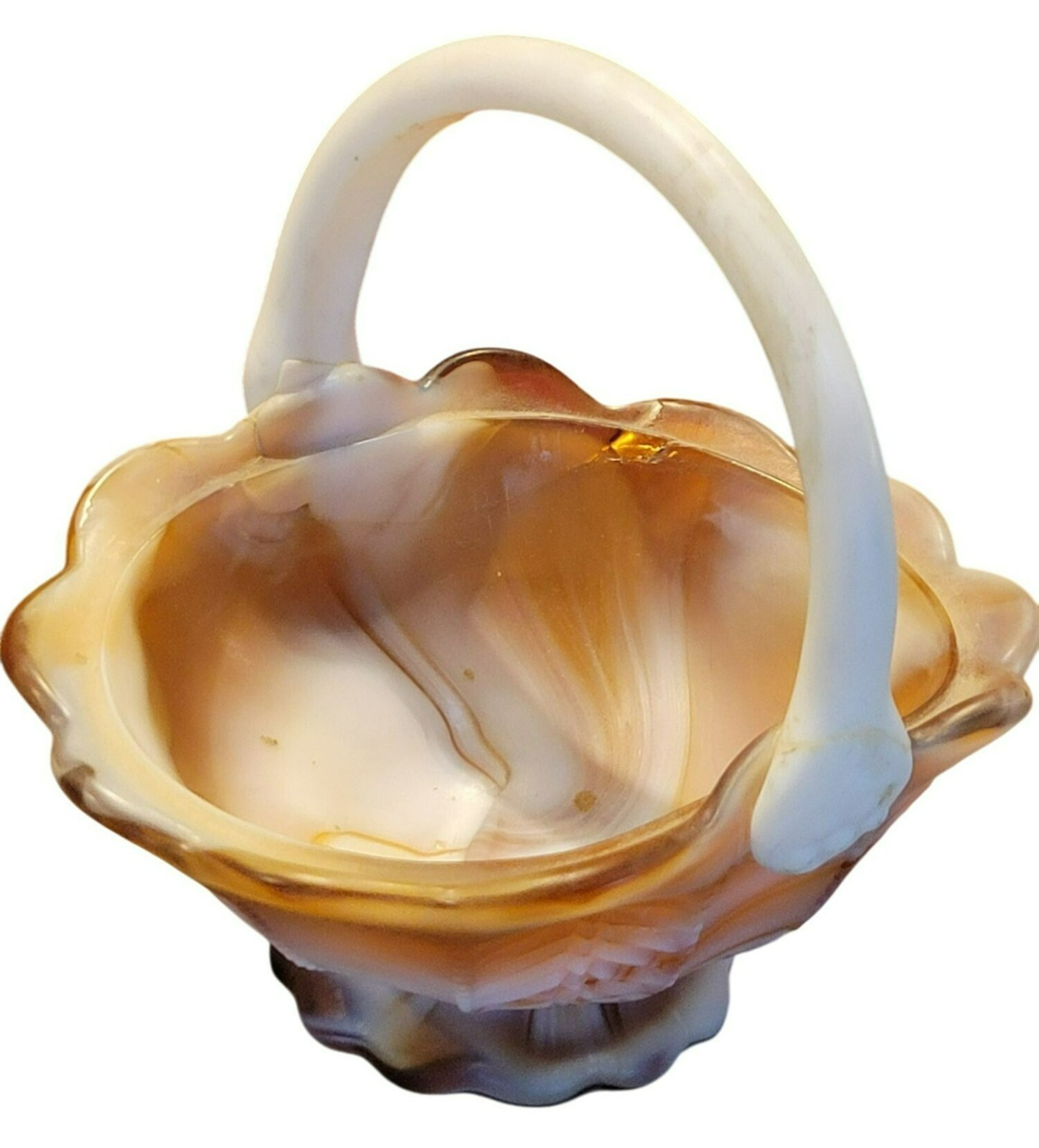 Vtg Imperial Caramel Swirled Slag Glass Basket Scalloped Rim Textured Design