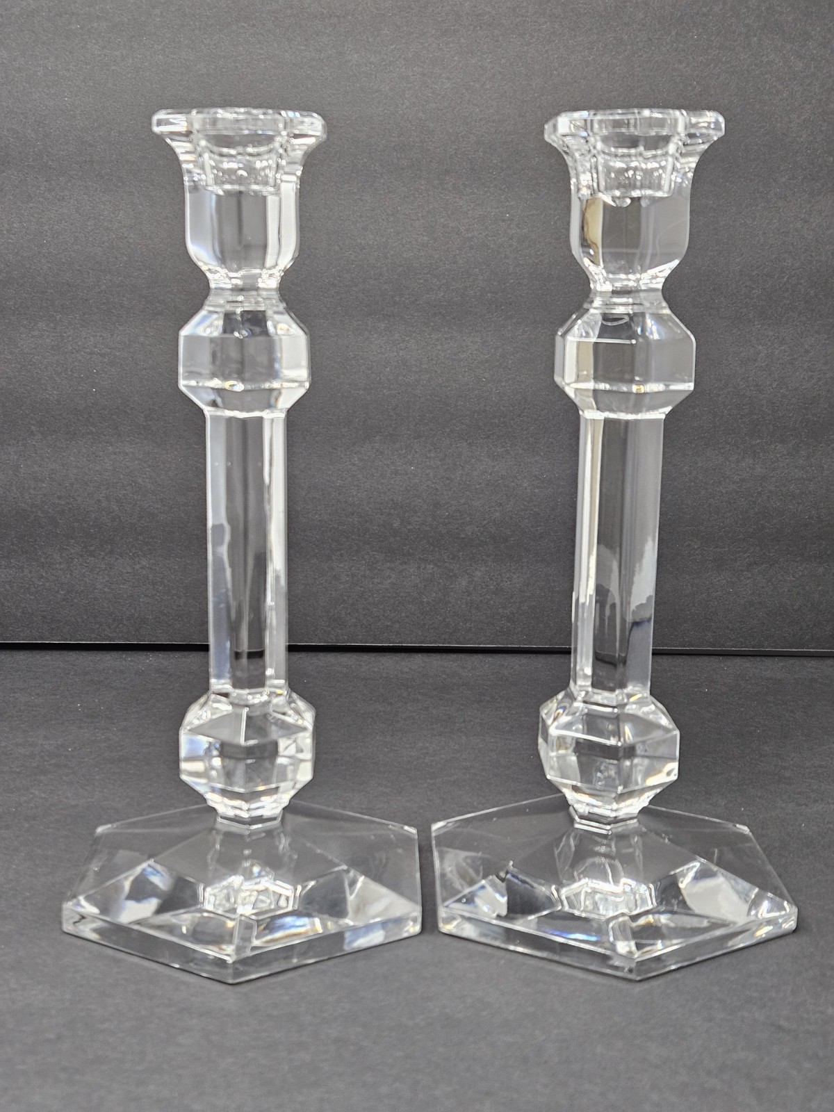 Pair of Vintage Val St. Lambert Gardenia Candlesticks w Acid-Etched Logo 9 3/8”