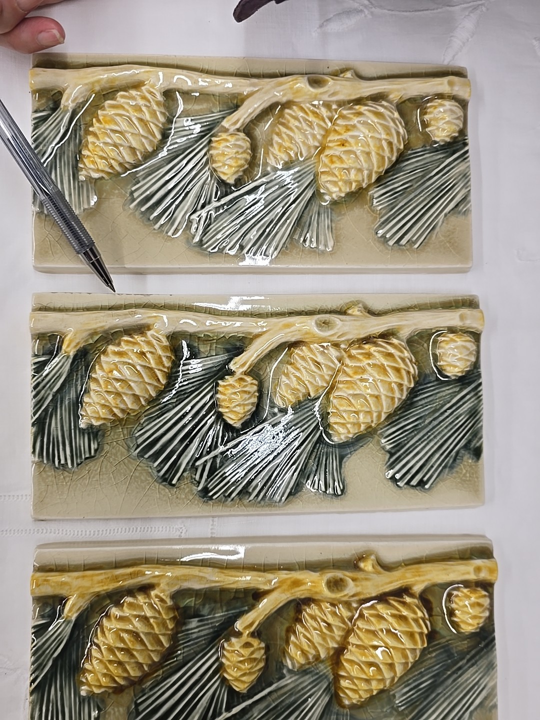 Pratt & Larson Pinecone & Branch Lot of 8 Tiles 4×8″, See Pics, Minor Chips