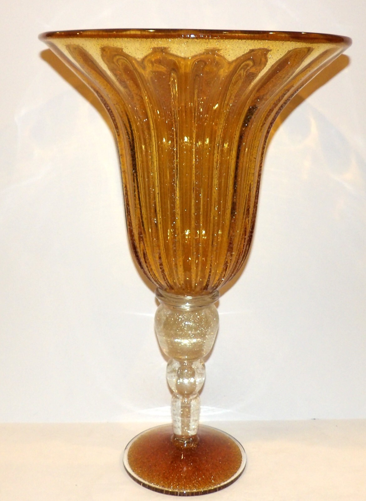 MASSIVE MURANO STYLE ART GLASS AMBER & CLEAR GOLD AVENTURINE 20″ STATEMENT VASE