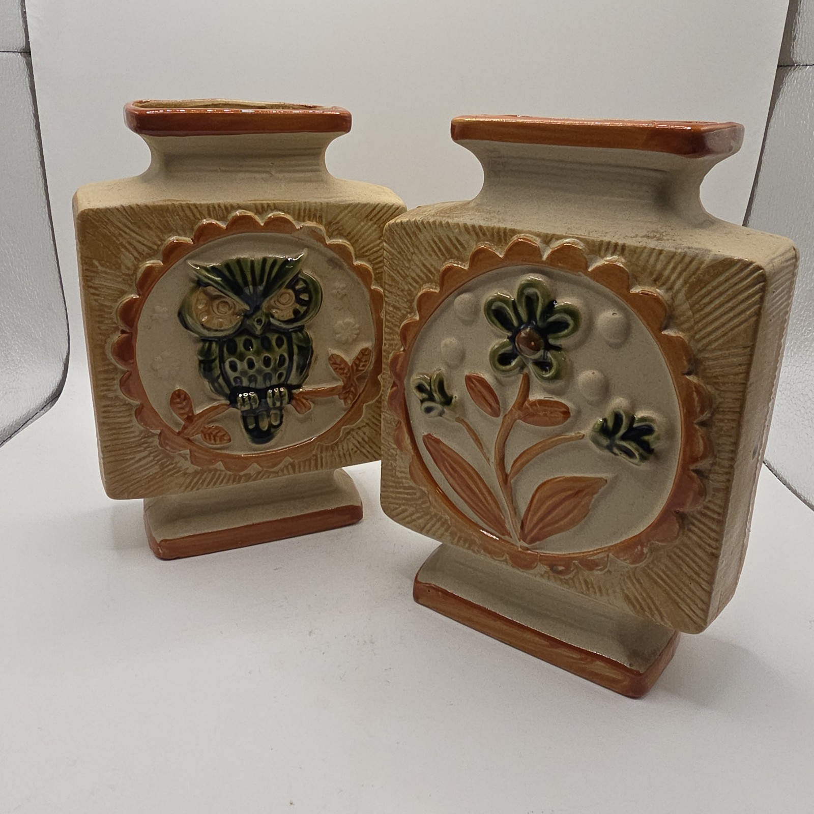 Set Of 2 VTG 70’s MCM Japan Owl & Flower Vase Square Glaze Brown Green Retro