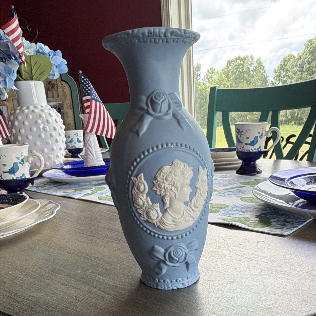 Matte Blue Decorative Vase with Raised Cameo Medallion Relief Design