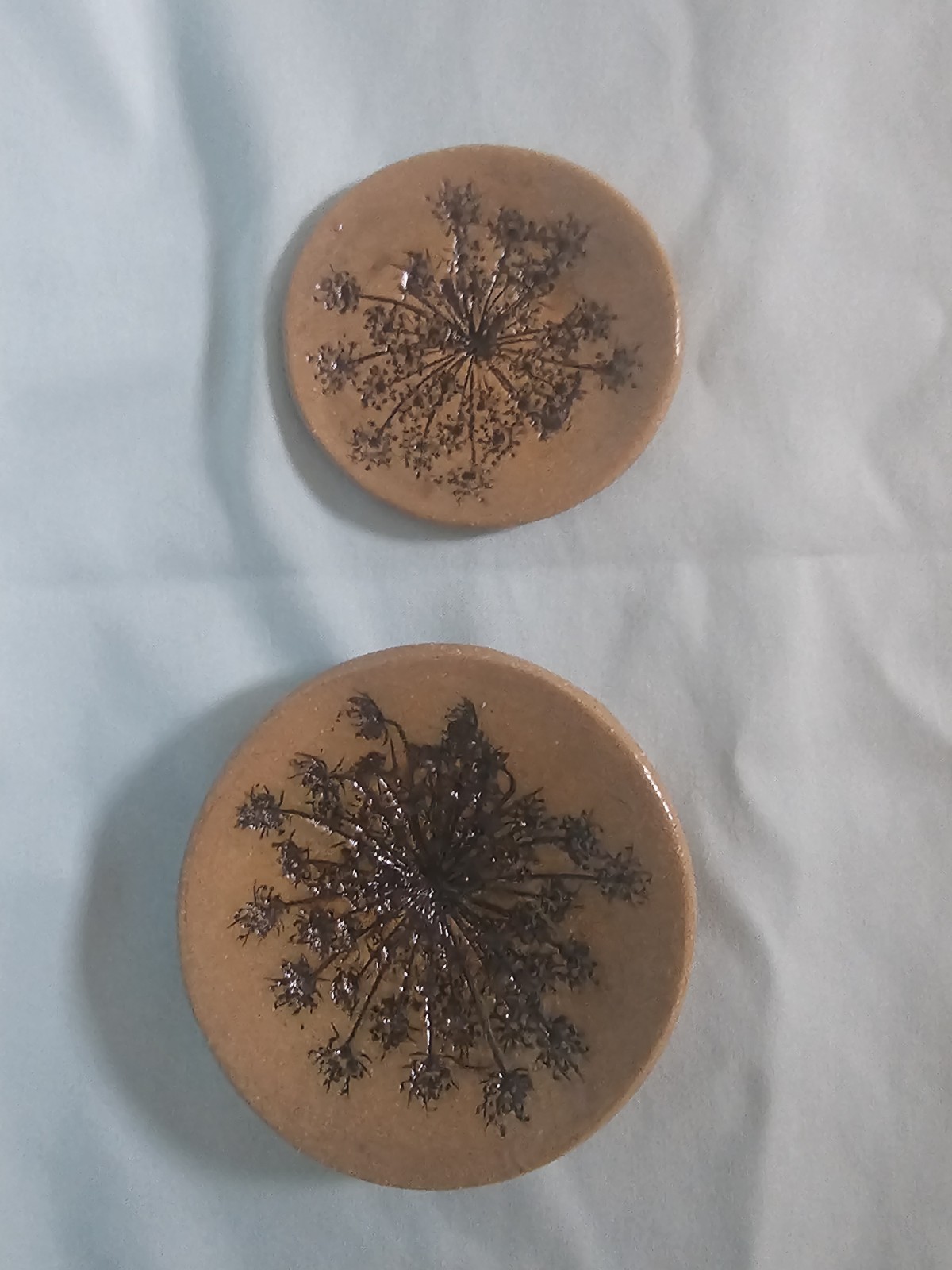 Set of 2 Handmade Studio Pottery Plates- Queen Anne’s Lace-Signed by artist OOAK