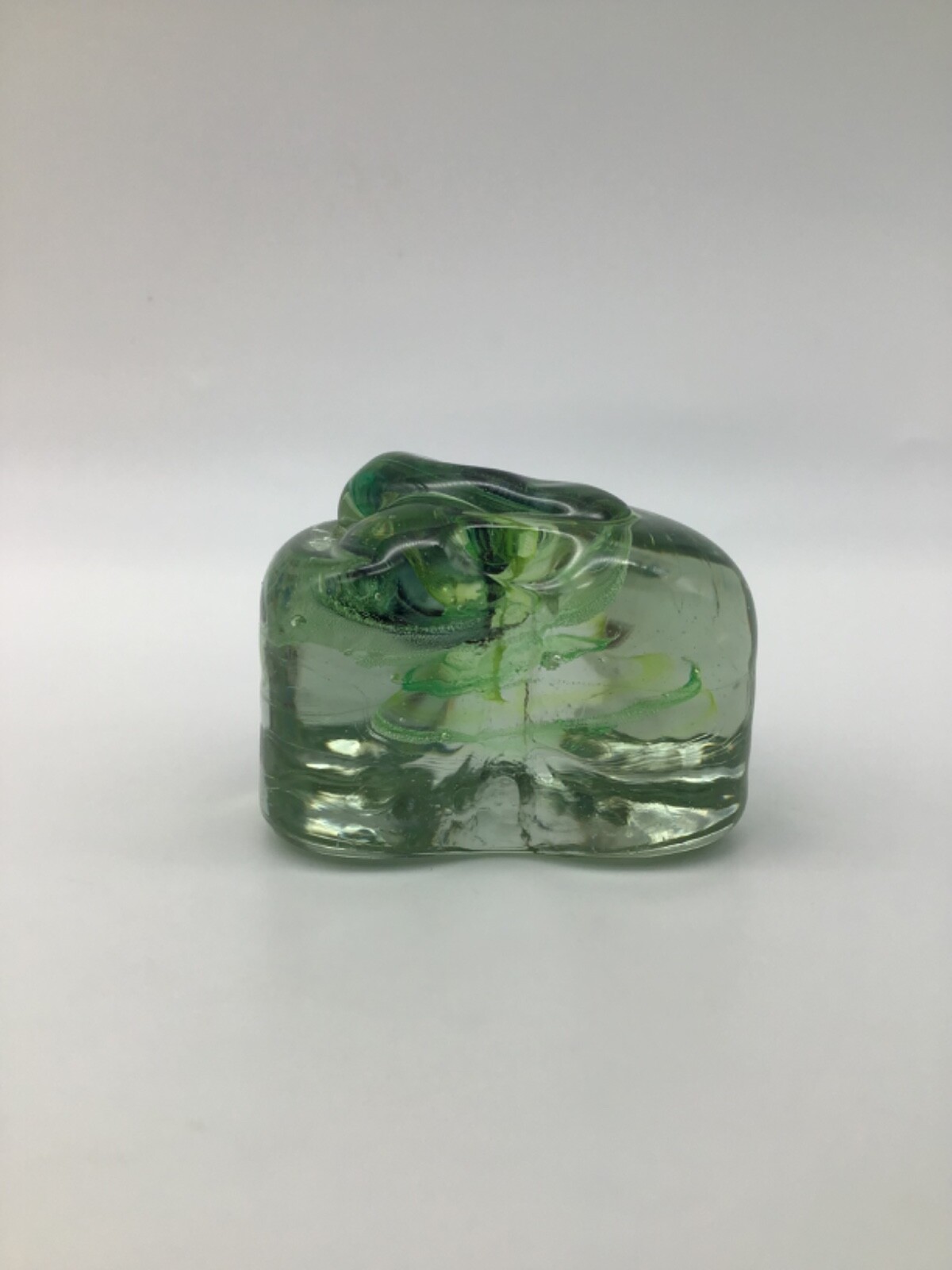 Heart Hand Blown Glass Paperweight Green/Blue/Yellow Swirl 1.75 Inch