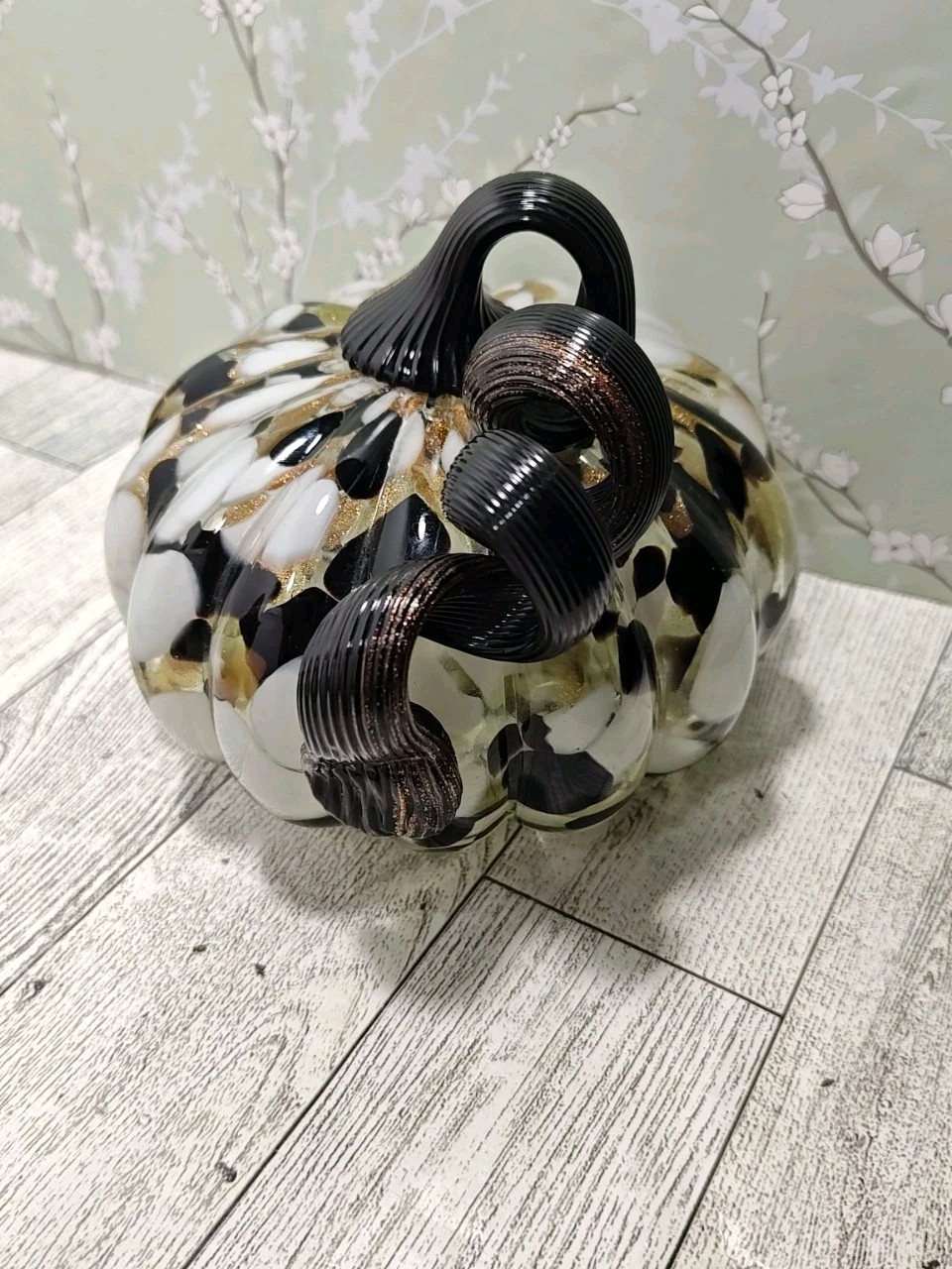 Hand Blown Art Glass Pumpkin Copper Black White Medium Swirl Glitter Decorative