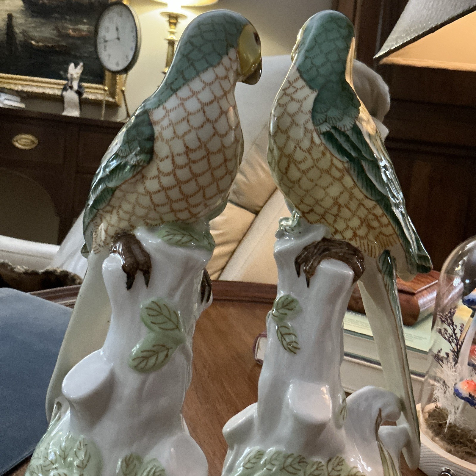 Vintage mid-century Gump’s San Francisco Hand Painted Porcelain Parrot Figurines