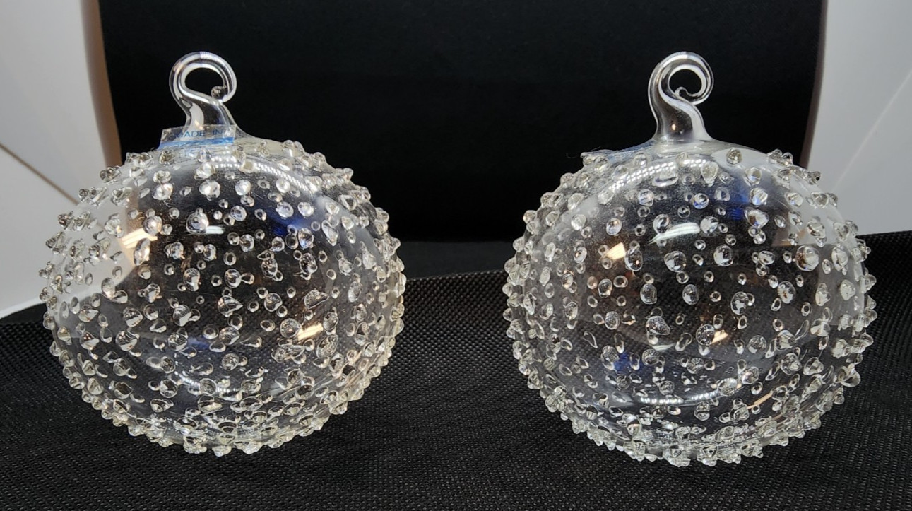2 Vtg Parise Vetro Italy Hobnail Textured Pattern Clear Glass Round Ornaments